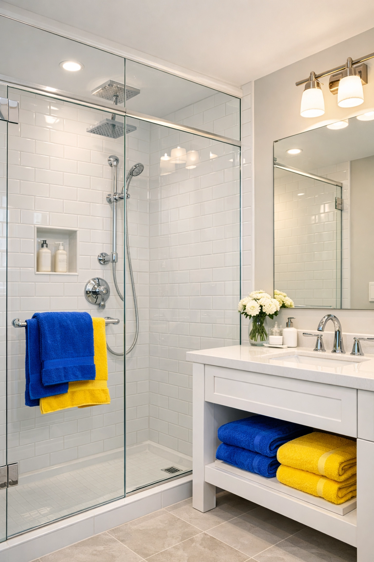 Pristine contemporary bathroom with sanitized surfaces and streak-free glass by the house cleaning Beverly MA ninjas.