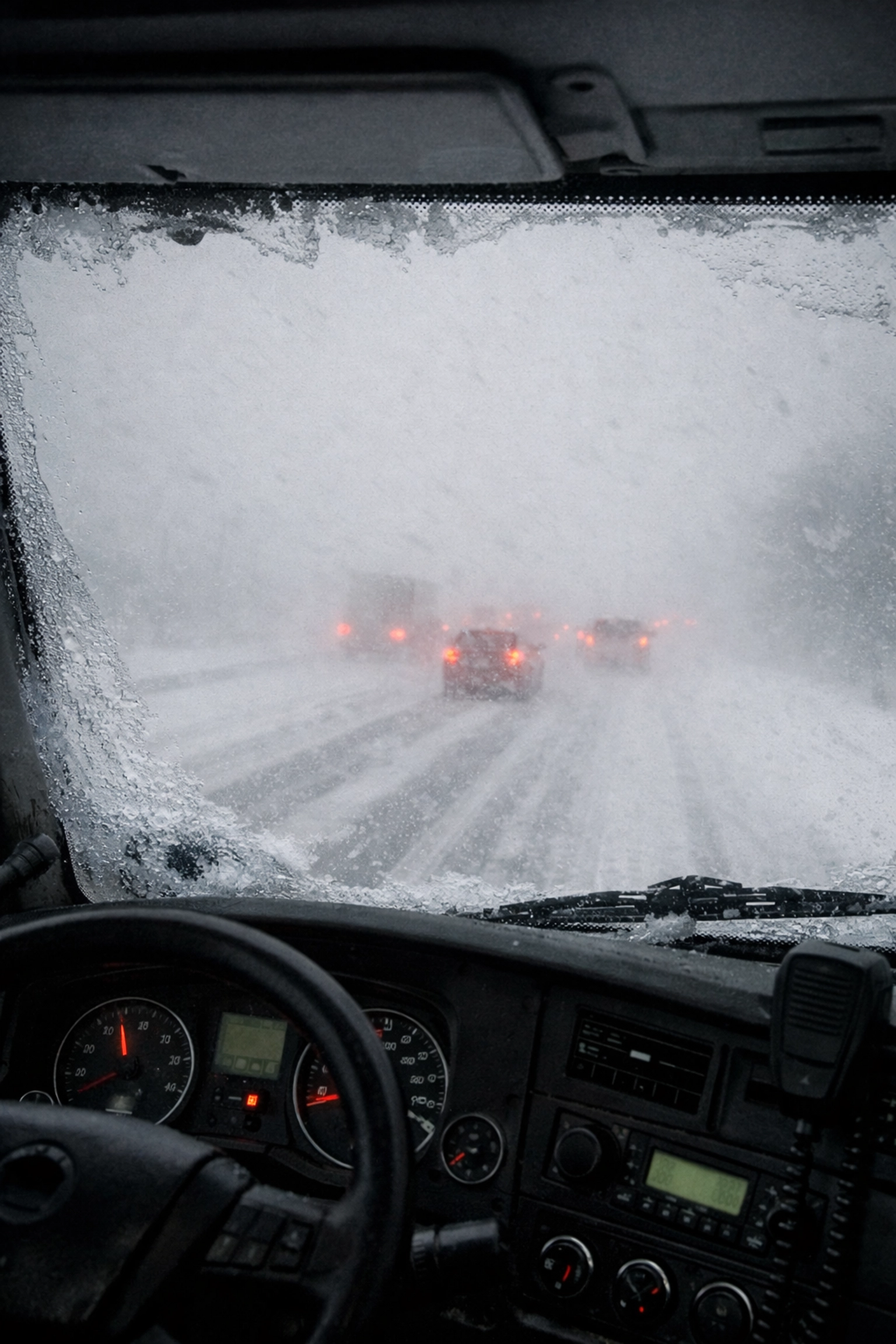 Truck driver's view of whiteout conditions and poor visibility during winter storm