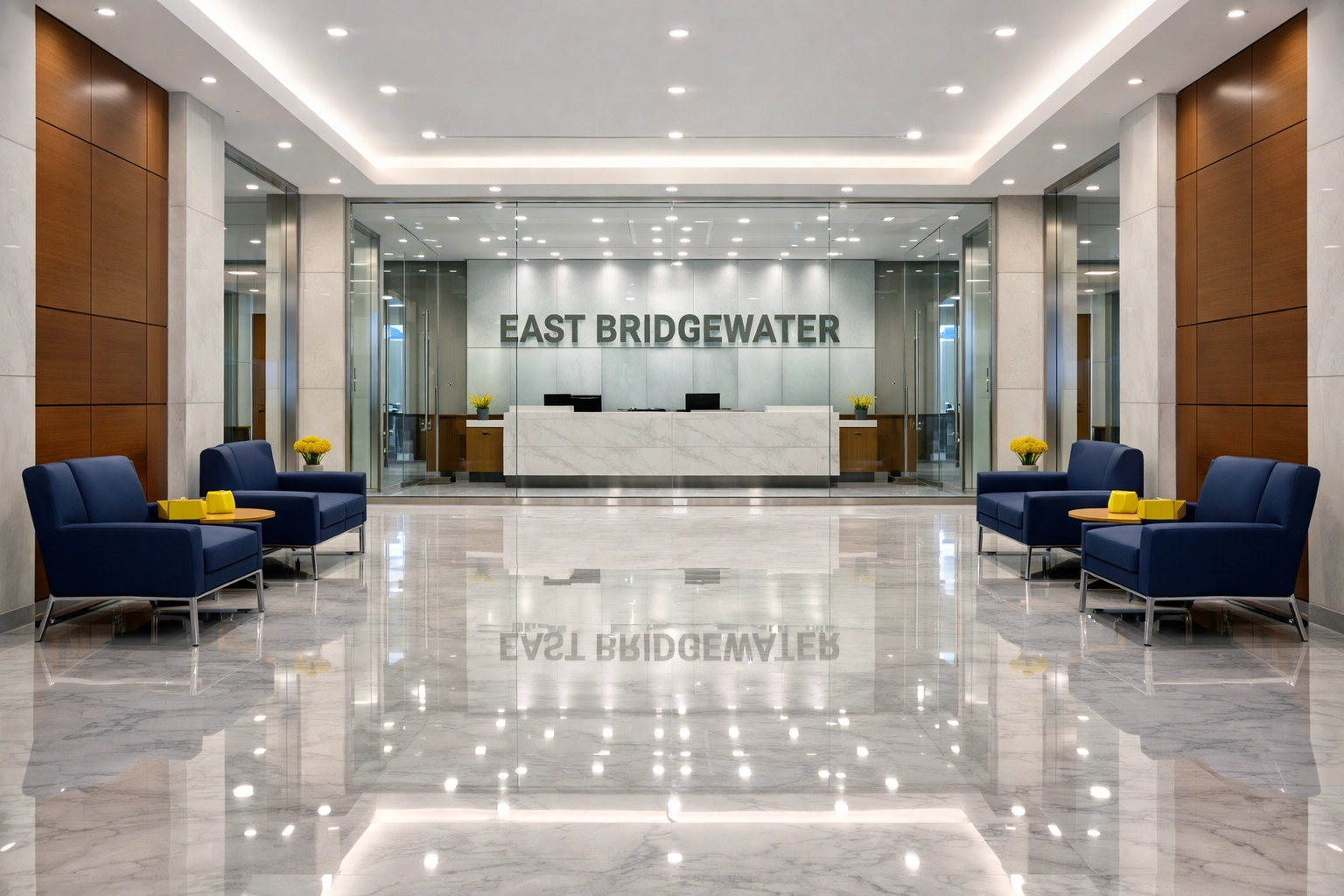 Professional commercial cleaning results in a spotless East Bridgewater office lobby with polished floors.