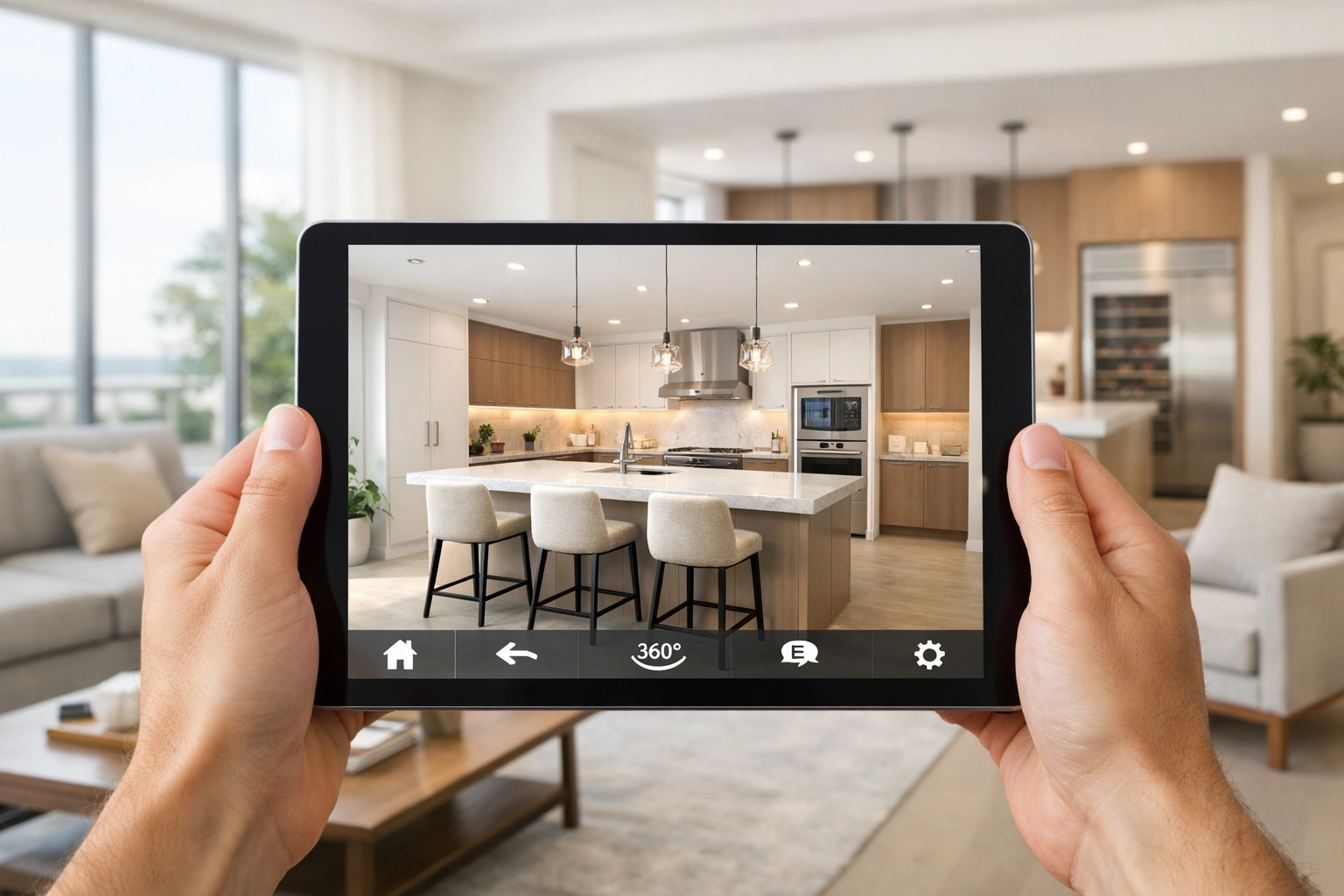 Homebuyer viewing a virtual tour of a modern North Carolina kitchen on a tablet.