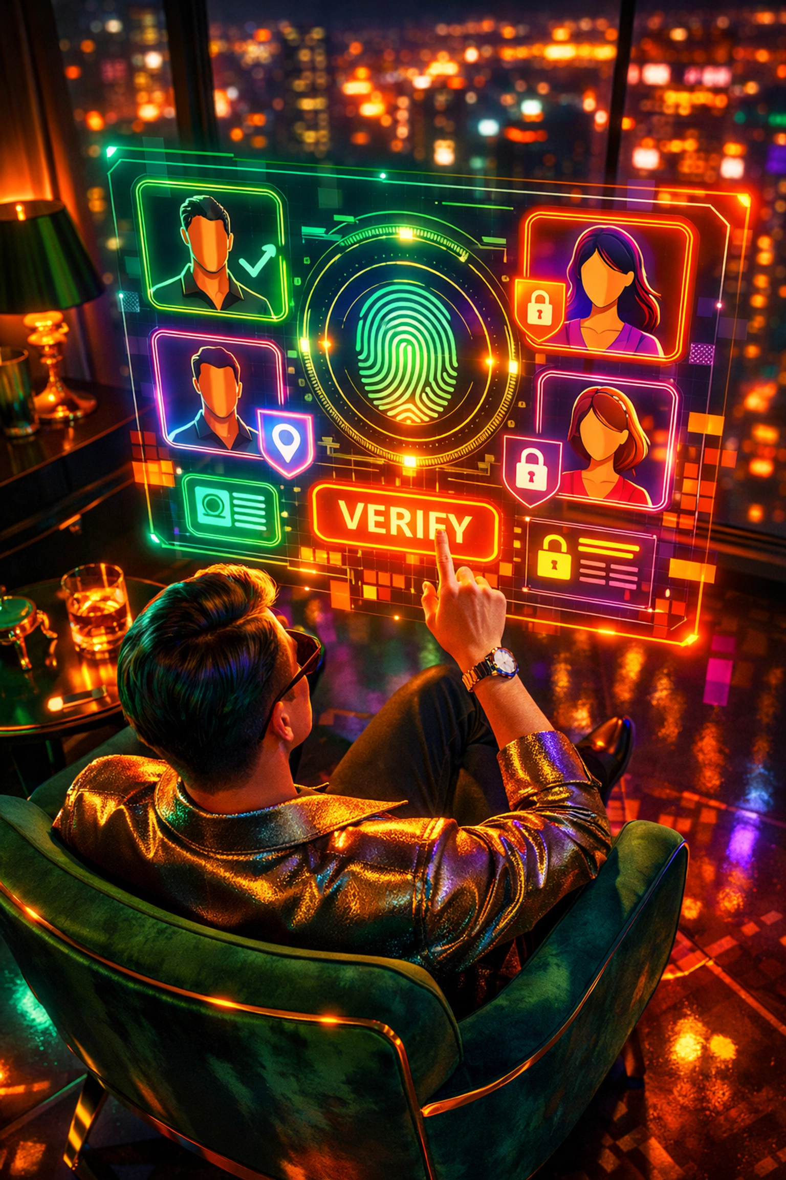 A person verifying a dating app match's identity and social media profile through a digital interface.