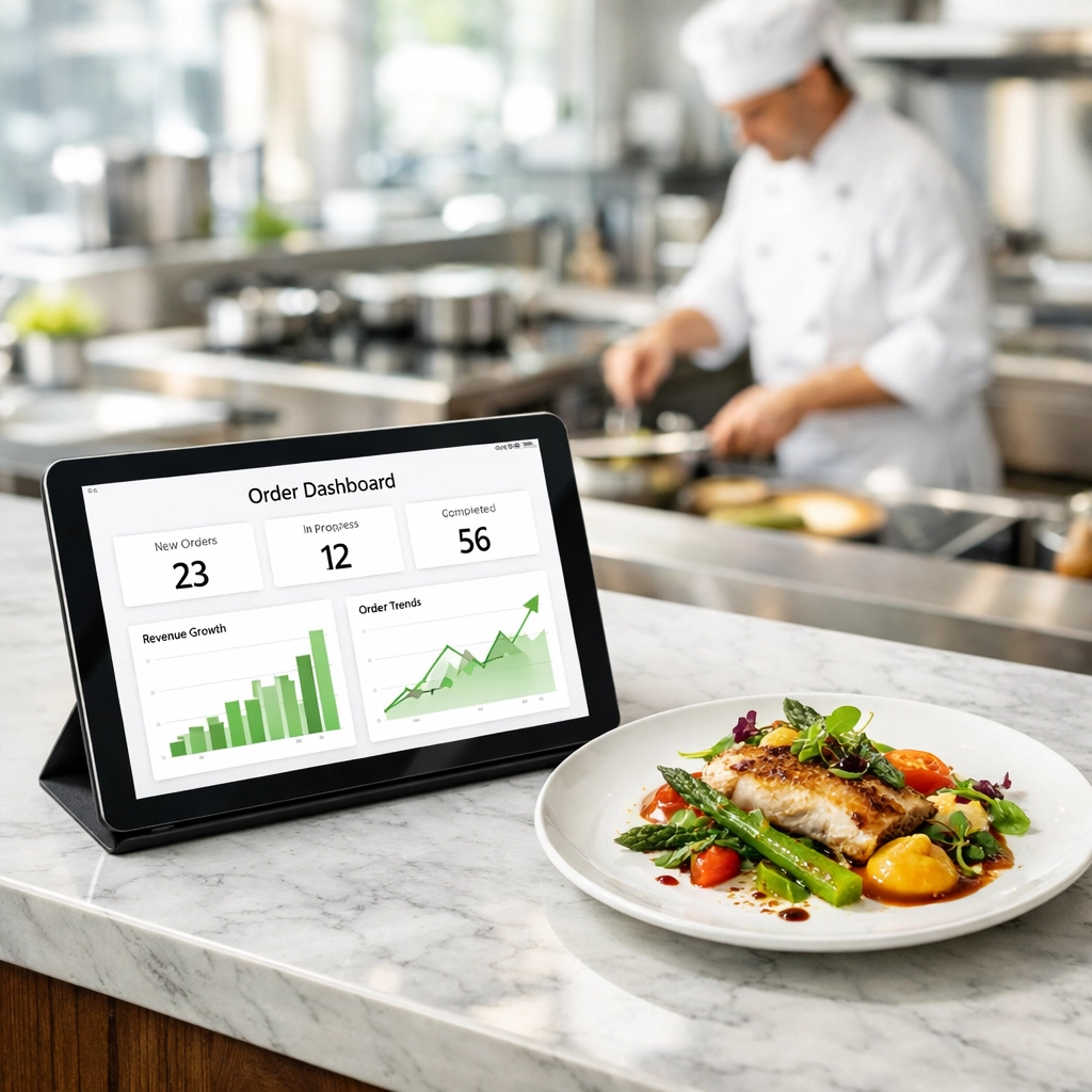 Restaurant tablet displaying growth data next to gourmet food, highlighting autonomous technology for business growth.