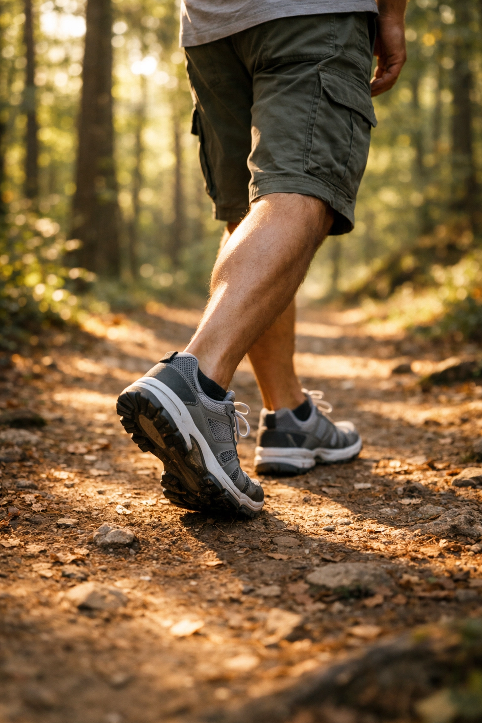 Erdei ösvényen sétáló férfi; a rendszeres mozgás javítja a merevedési funkciót.