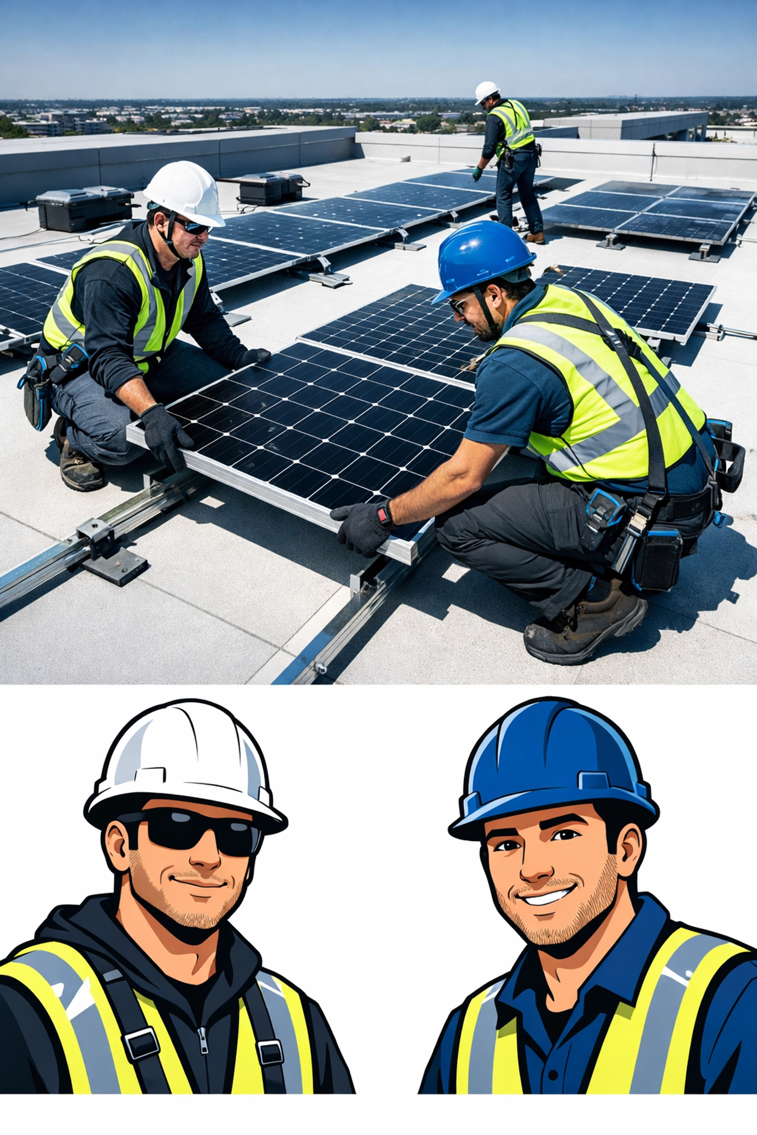 Professional solar panel installation on commercial building flat roof