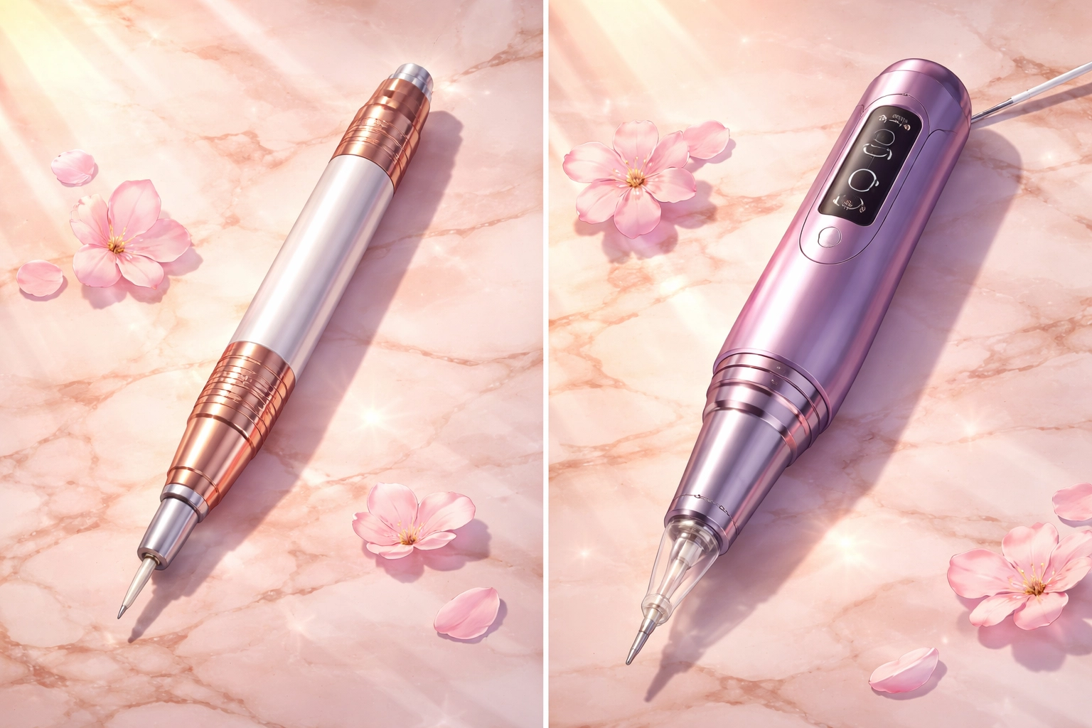 Editorial illustration of microblading pen and nano brow machine on blush marble, highlighting permanent makeup techniques.