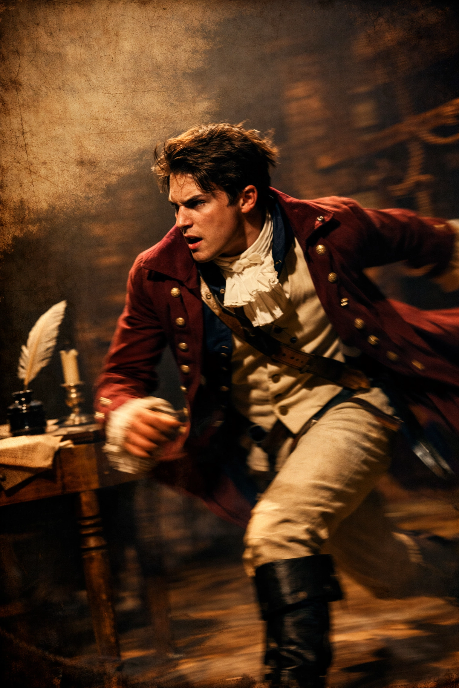 Hamilton performer delivering My Shot with dynamic movement in Revolutionary War costume