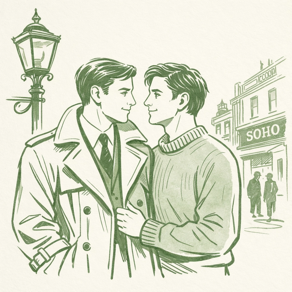 Artistic depiction of two men under a Soho street lamp, capturing the spirit of mid-century MM historical romance.