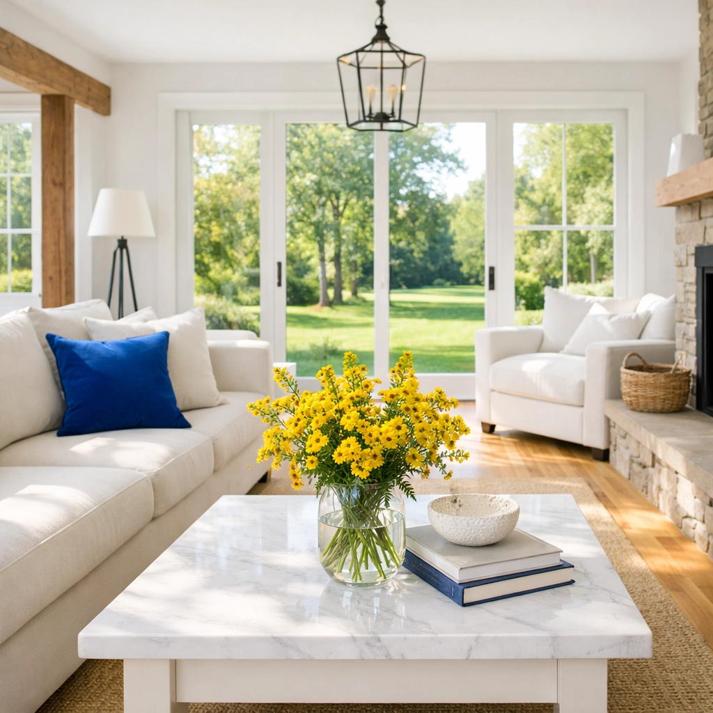 Bright living room in Groton MA with fresh indoor air quality and natural light.
