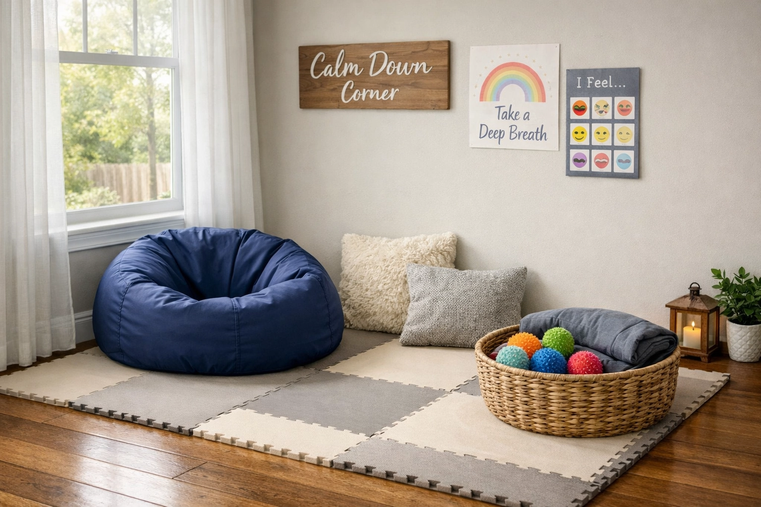 A designated calm-down corner with sensory tools for managing challenging behavior at home in Georgia.