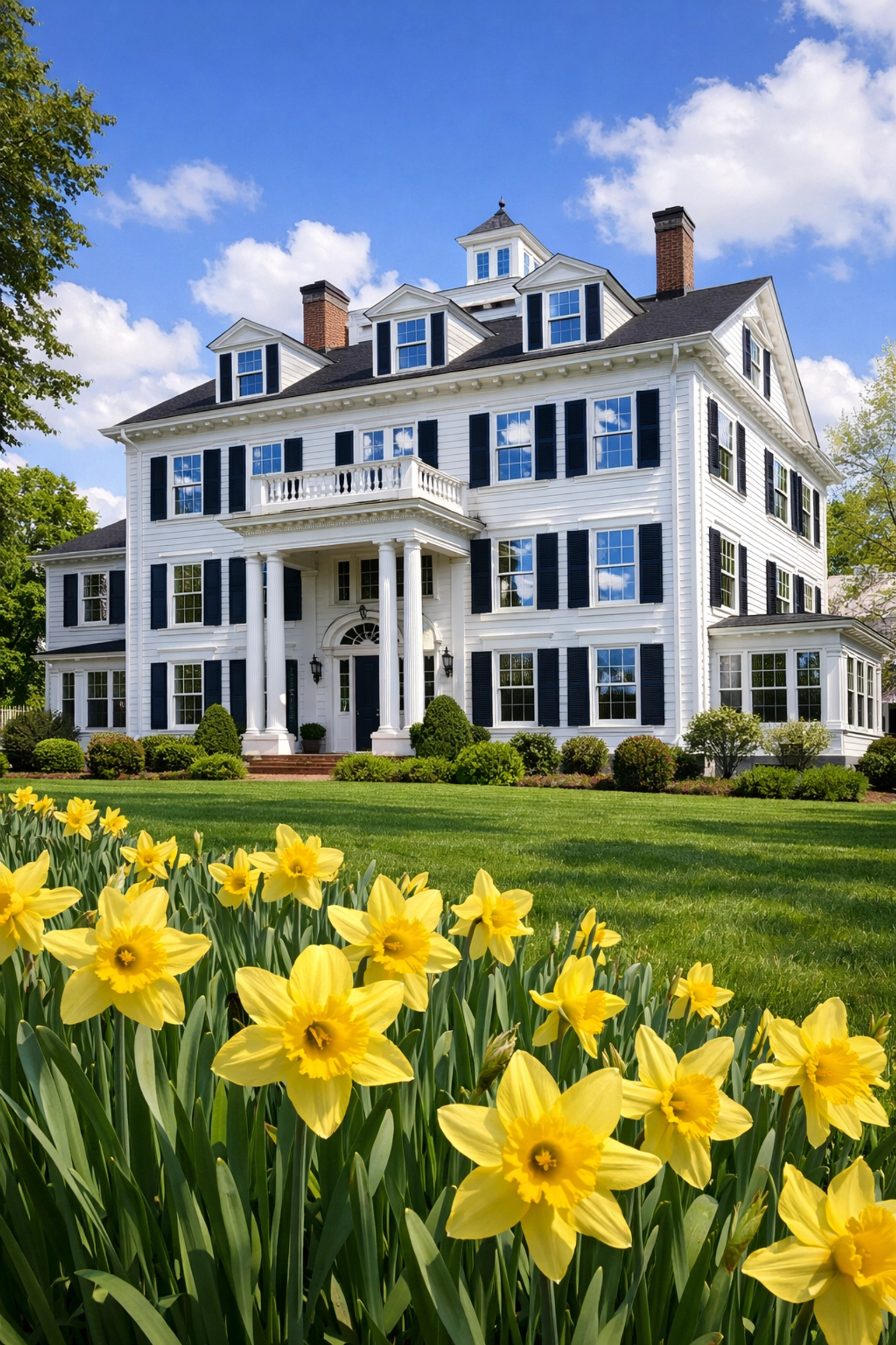 Exterior view of a historic Massachusetts home with professionally cleaned, reflective windows.