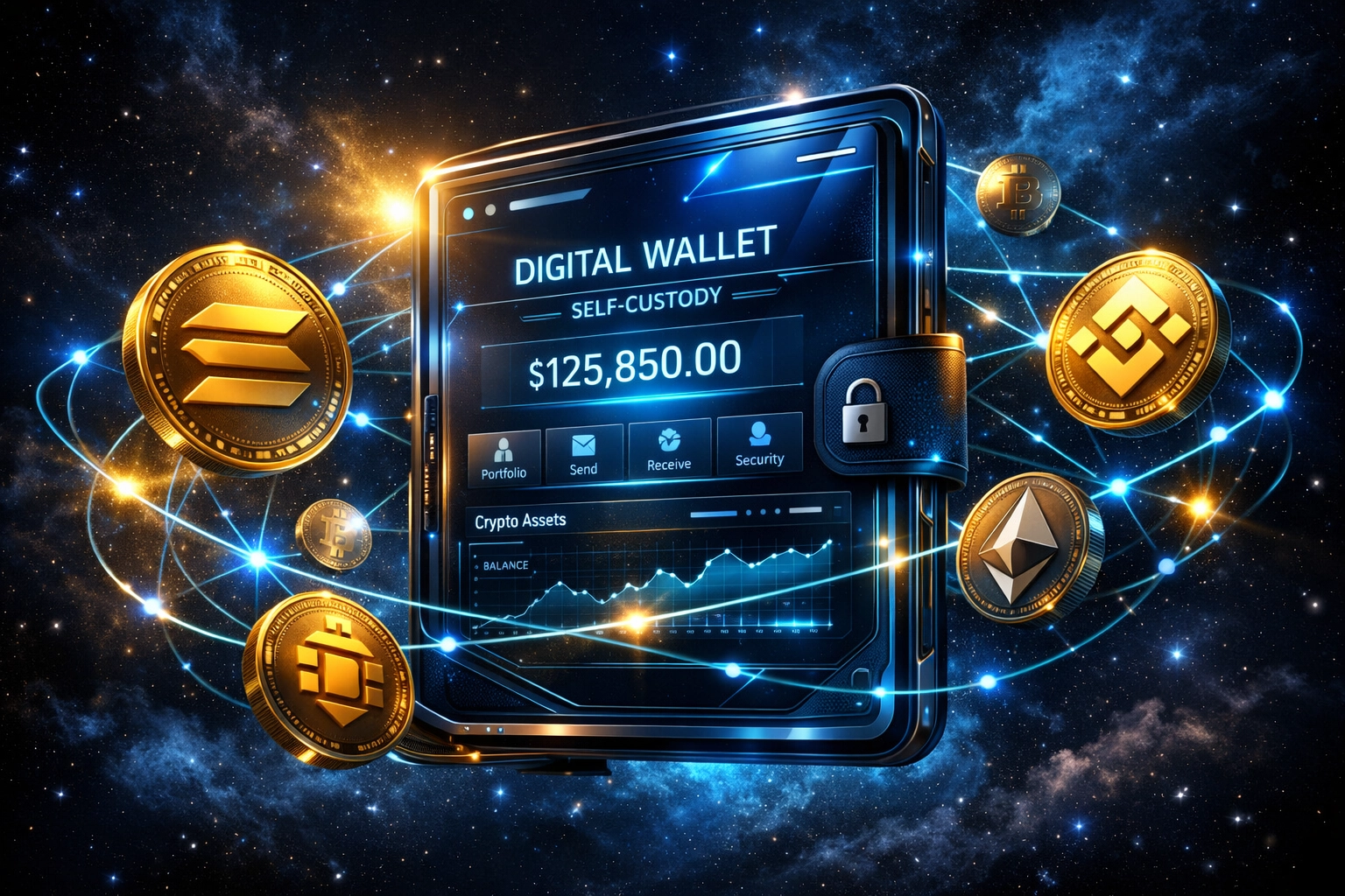 Self-custody crypto wallet with Solana and Binance tokens connected by blockchain network