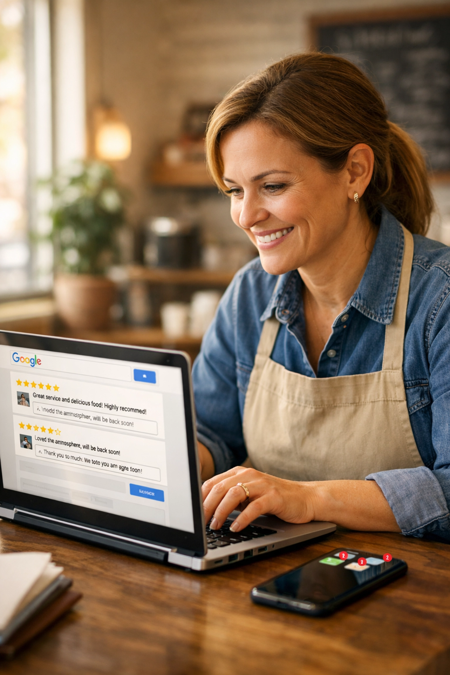Small business owner managing Google reviews and profile on laptop