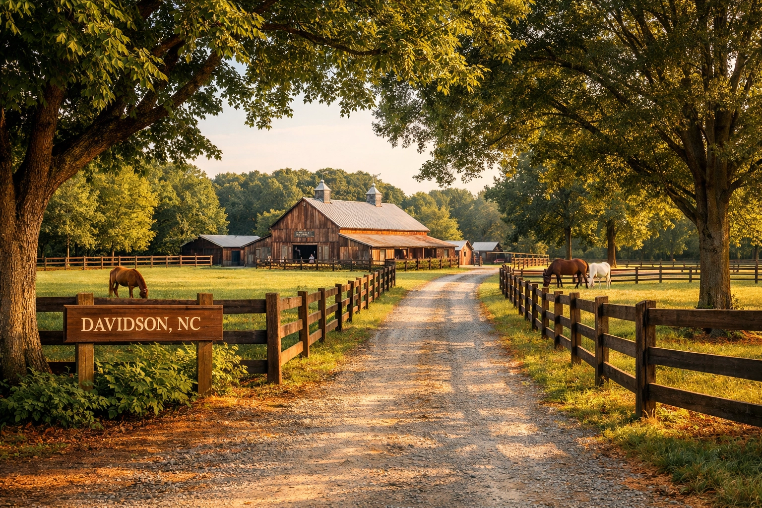 Tree-lined entrance to established horse farm in Davidson, NC with barn and grazing horses