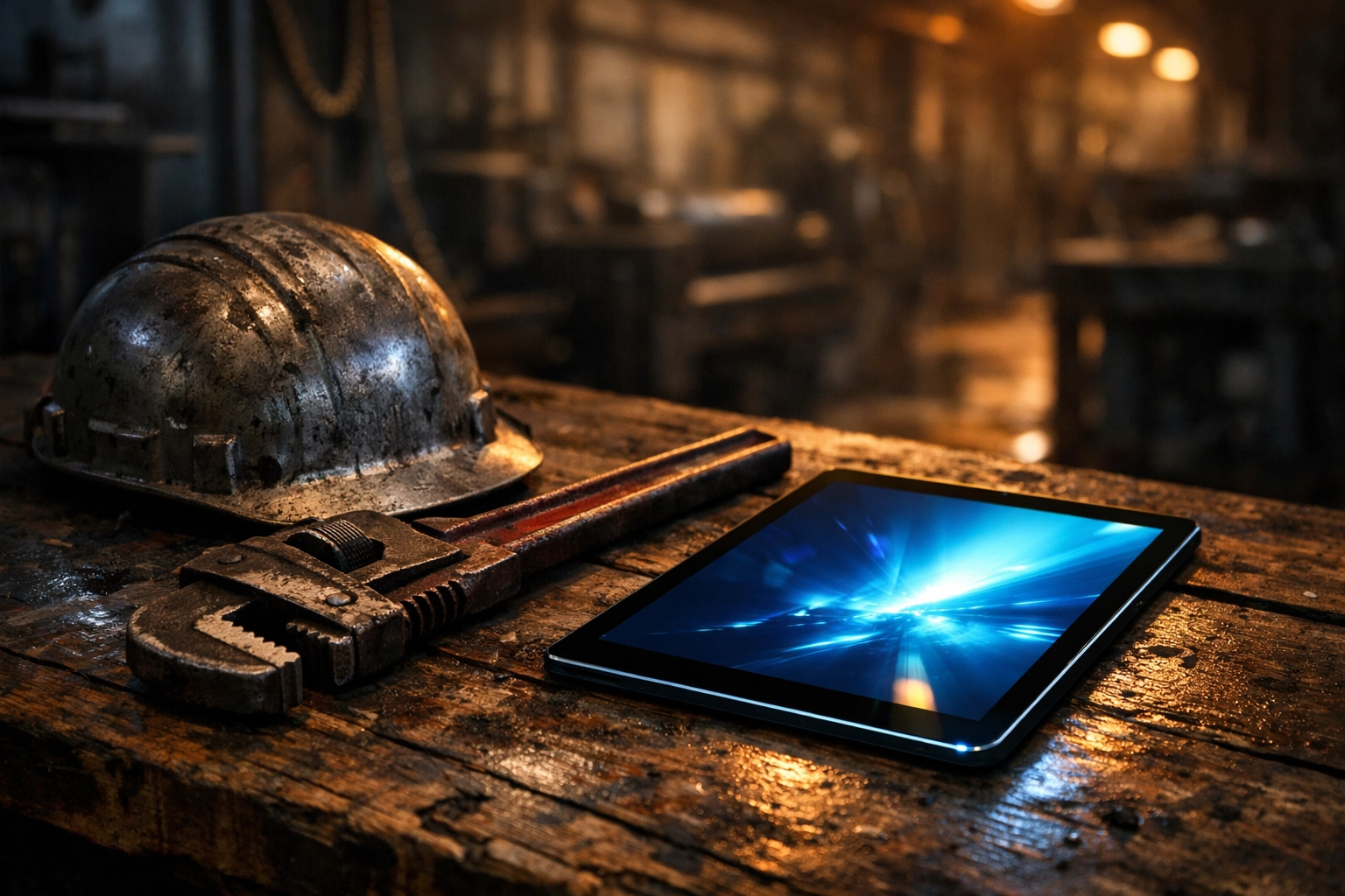 Tablet and industrial tools illustrating the easy online booking for portable toilet rental in Fort Wayne.