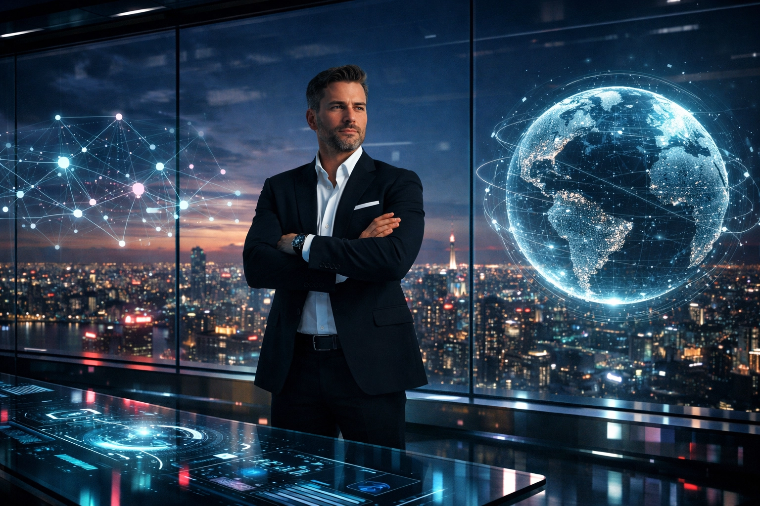 Entrepreneur achieving financial sovereignty using a Web3 global payments dashboard in a modern office.