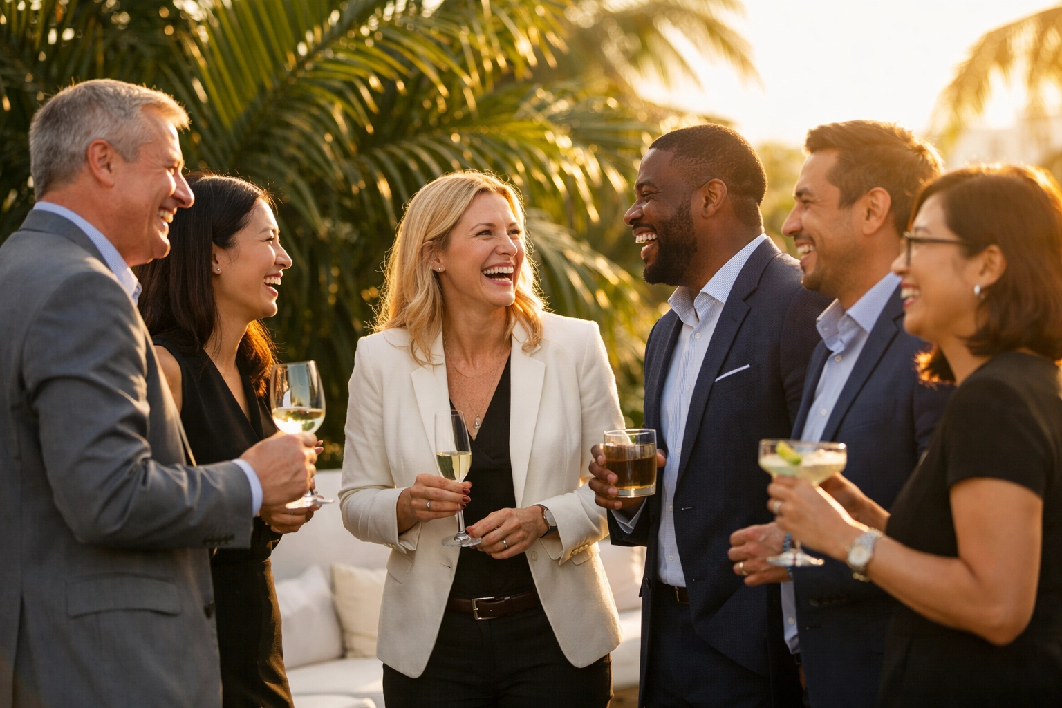 Brand photography Miami showing business professionals networking at an outdoor corporate cocktail party.