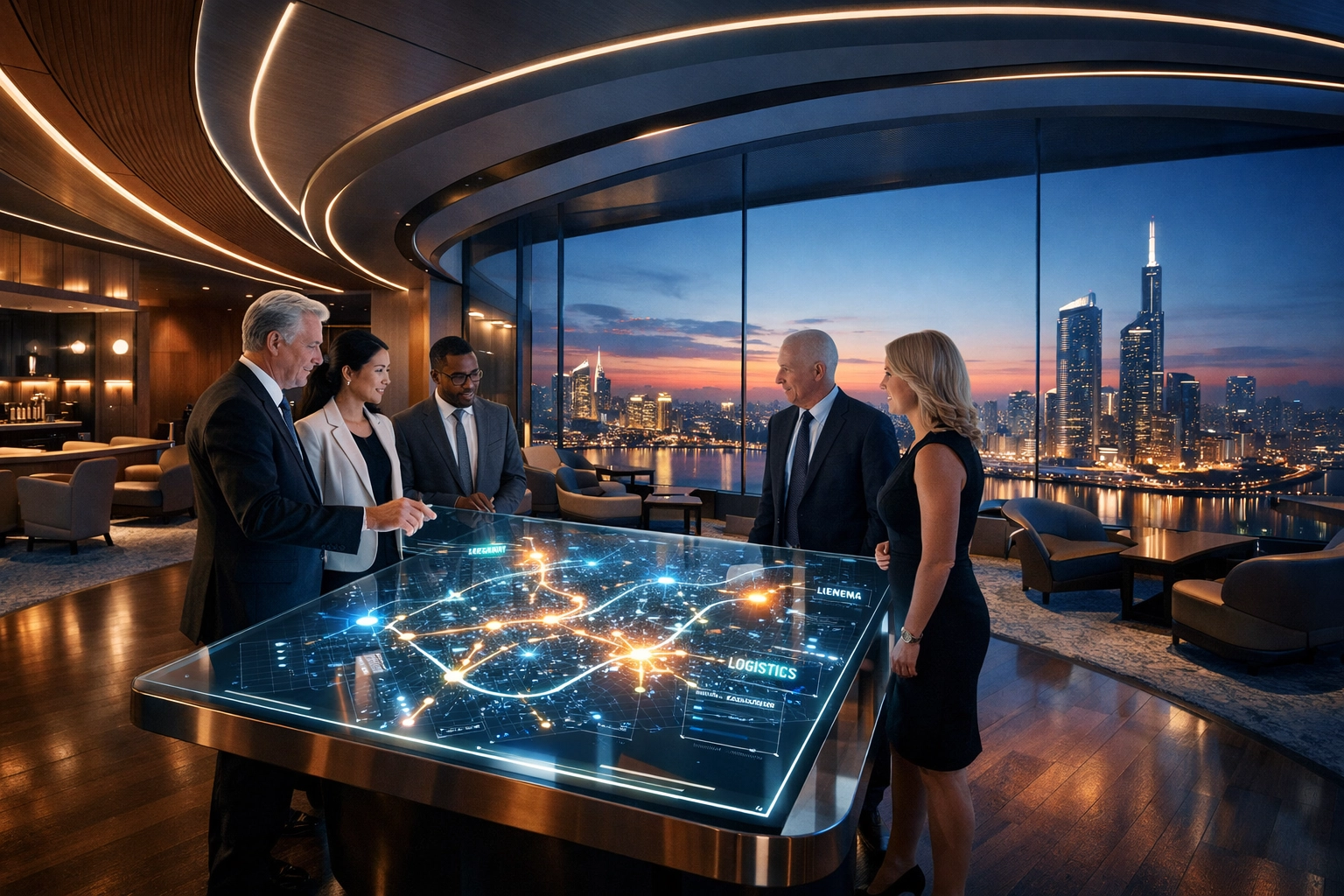 Futuristic executive lounge for 2026 Super Bowl corporate branding and event logistics.