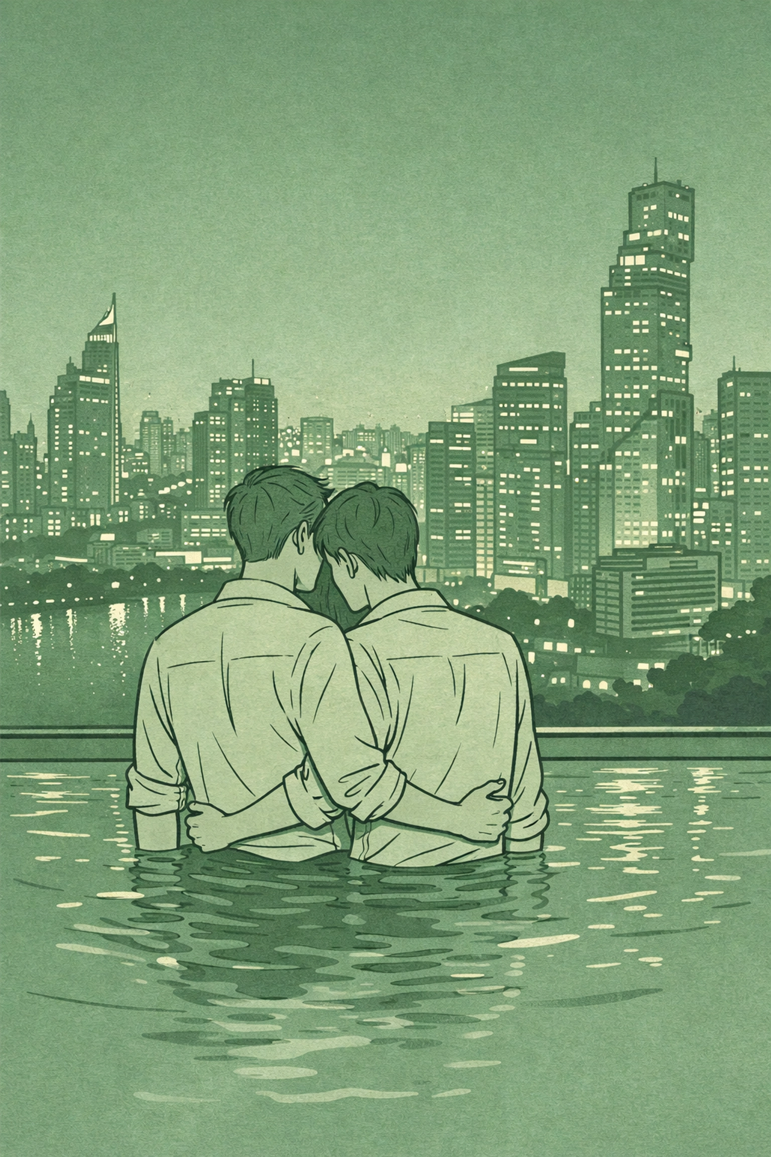 Gay couple at luxury hotel infinity pool overlooking Bangkok nightscape - contemporary MM romance