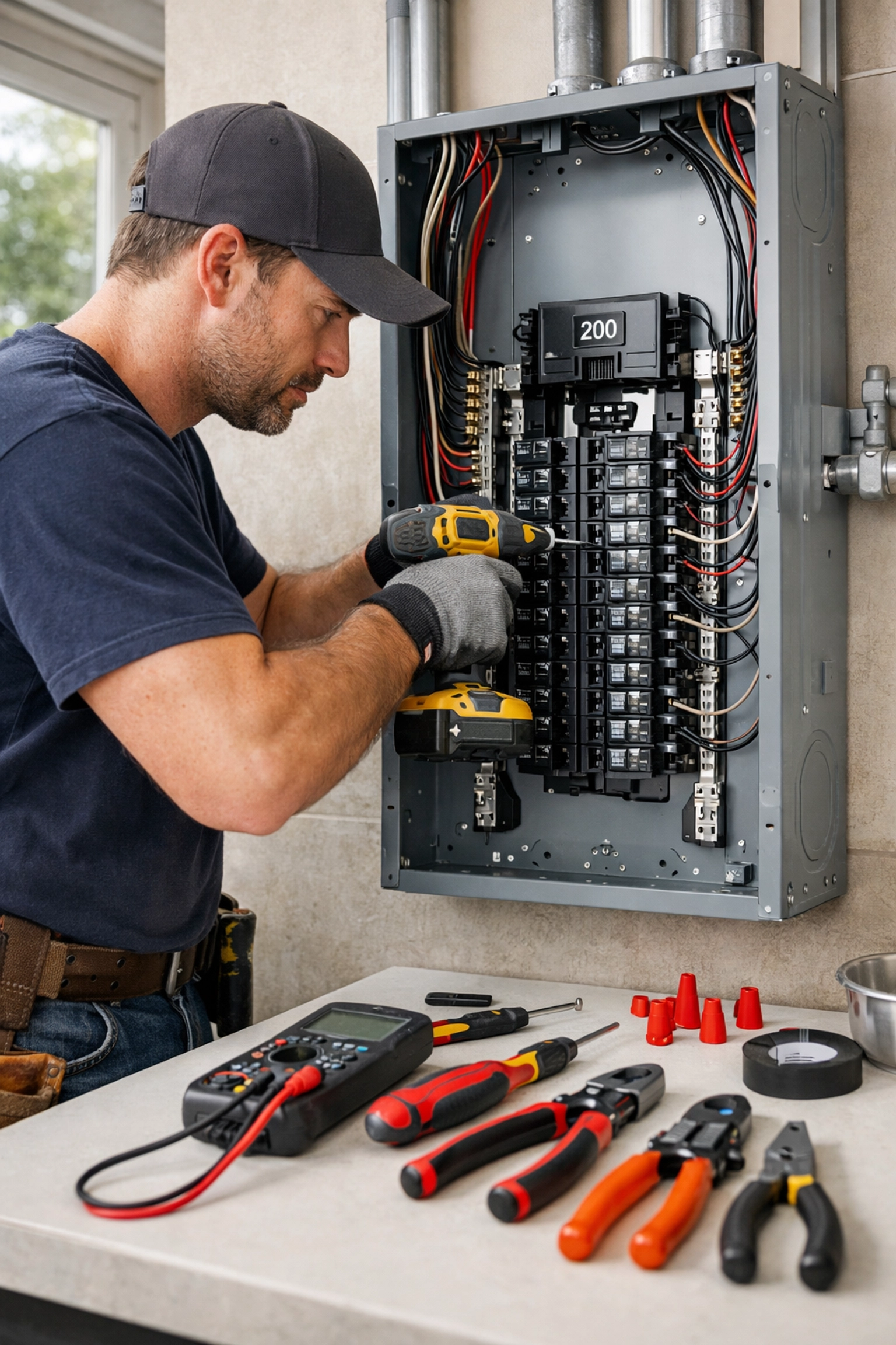 Electrician installing 200-amp electrical panel upgrade in home