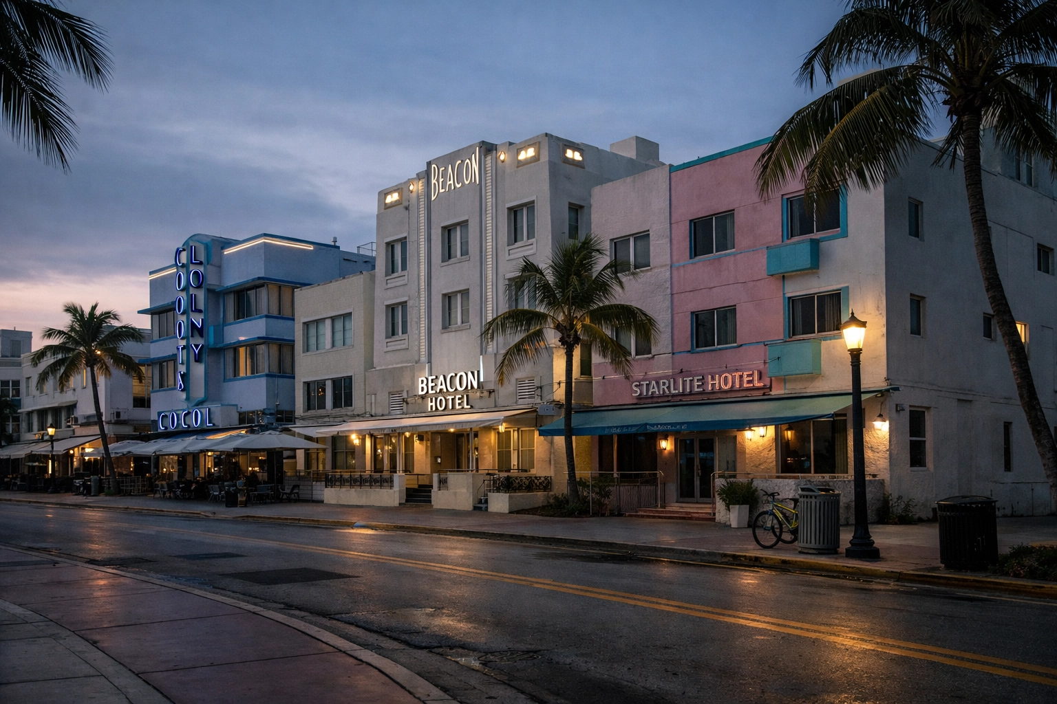 Pastel historic hotels in the Art Deco District on Ocean Drive, South Beach Miami at sunrise.
