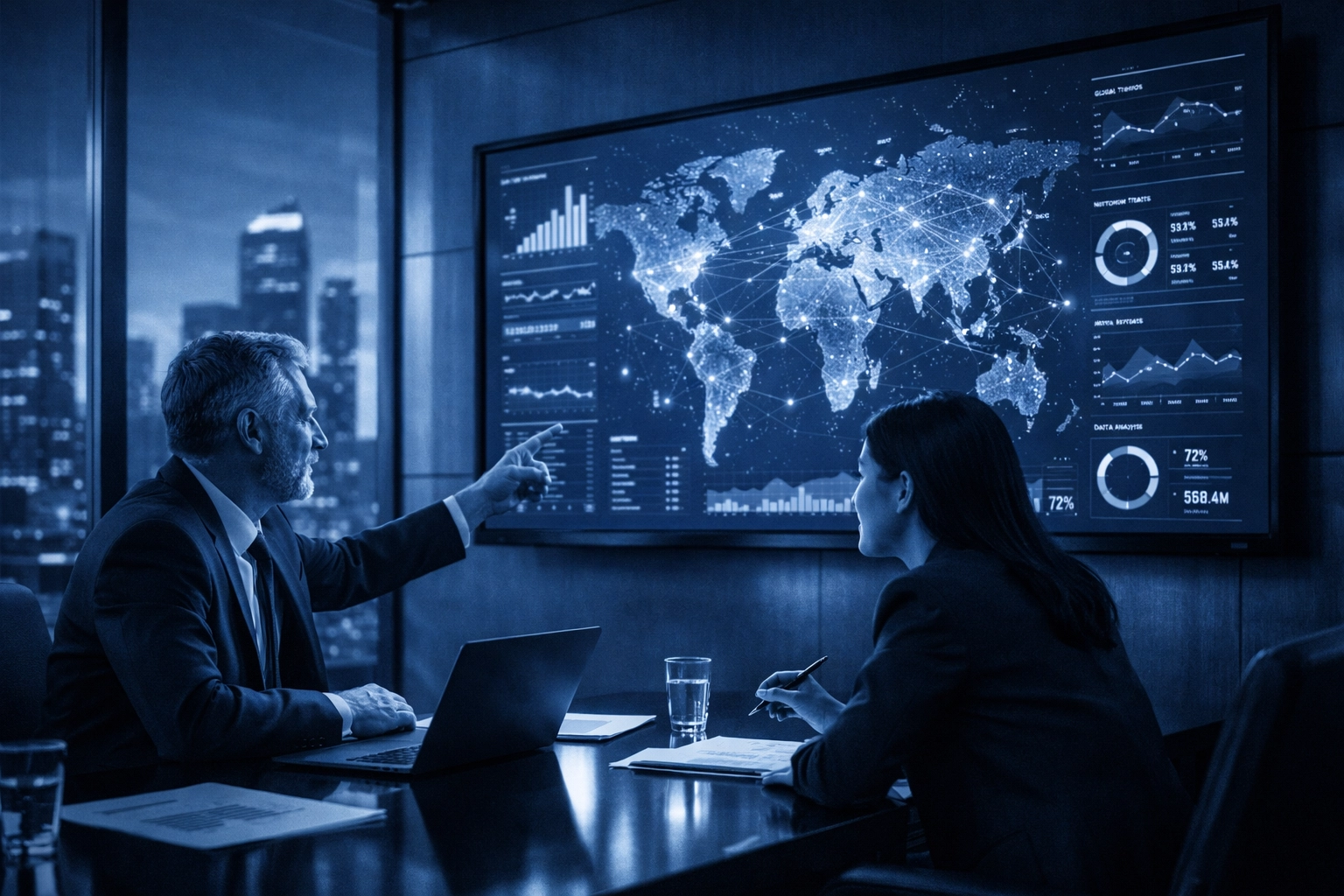 Business professionals discussing cloud IT strategy in a modern boardroom for scalable growth.