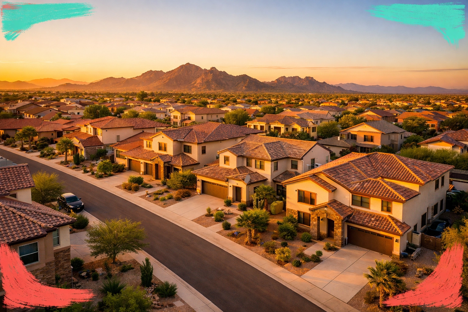 Aerial view of modern Phoenix neighborhood with desert landscaping and mountain views showing Arizona real estate