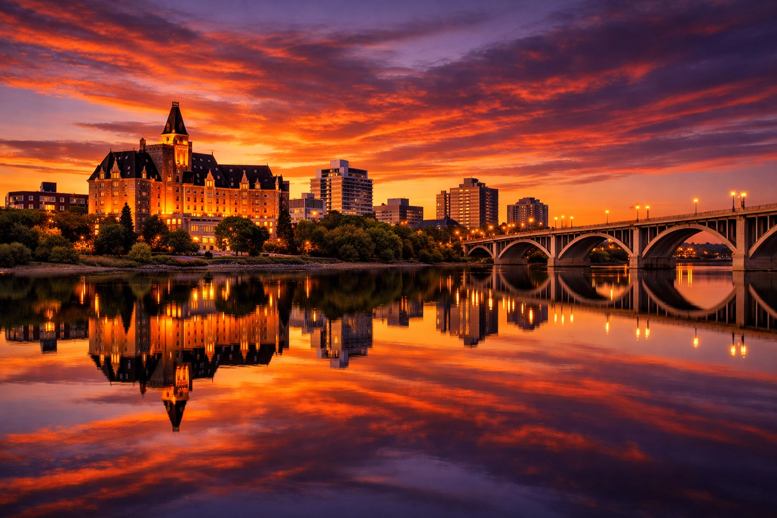 Vibrant golden hour photo of the Saskatoon skyline and river reflections.