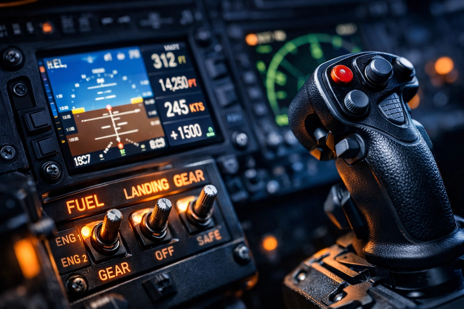 Close-up of a professional flight simulator control panel with realistic switches and displays.