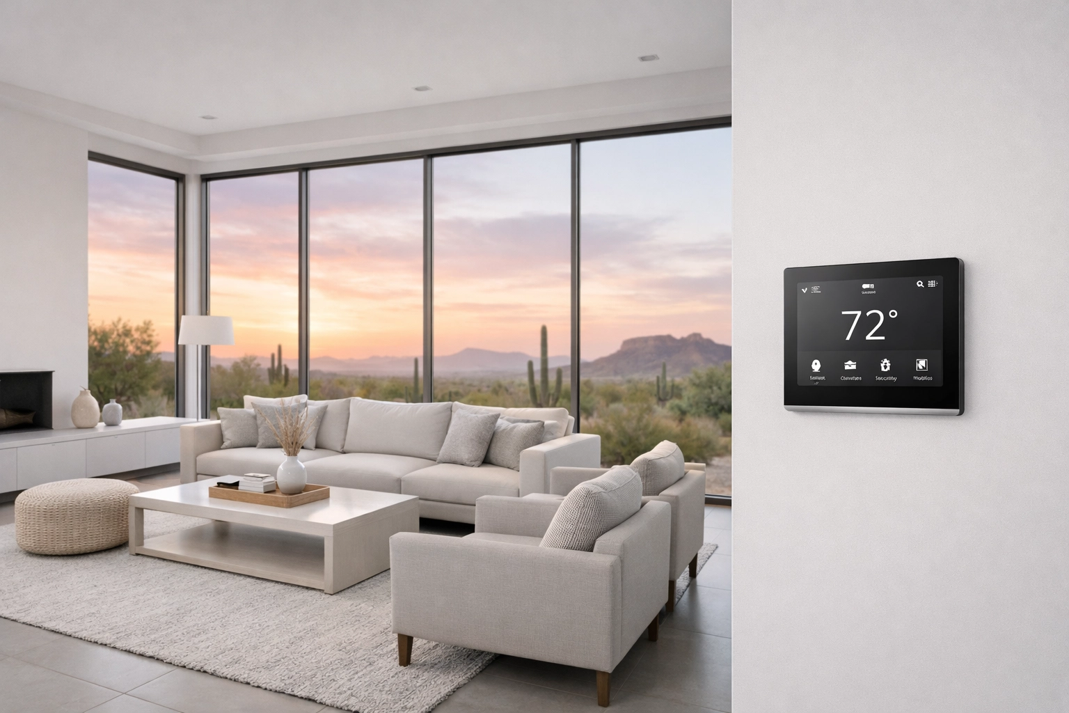 Smart home climate control interface in a modern Mesa living room with desert views.