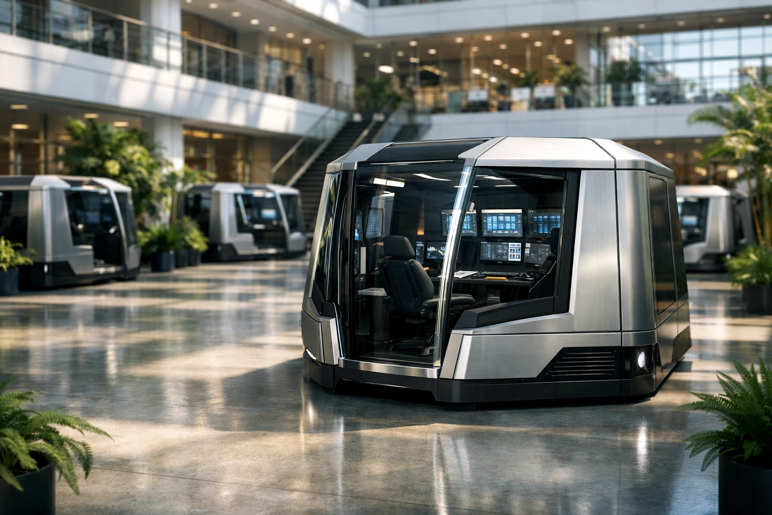 Futuristic high-tech training pods in a corporate office, serving as a scalable SkillBridge learning hub.