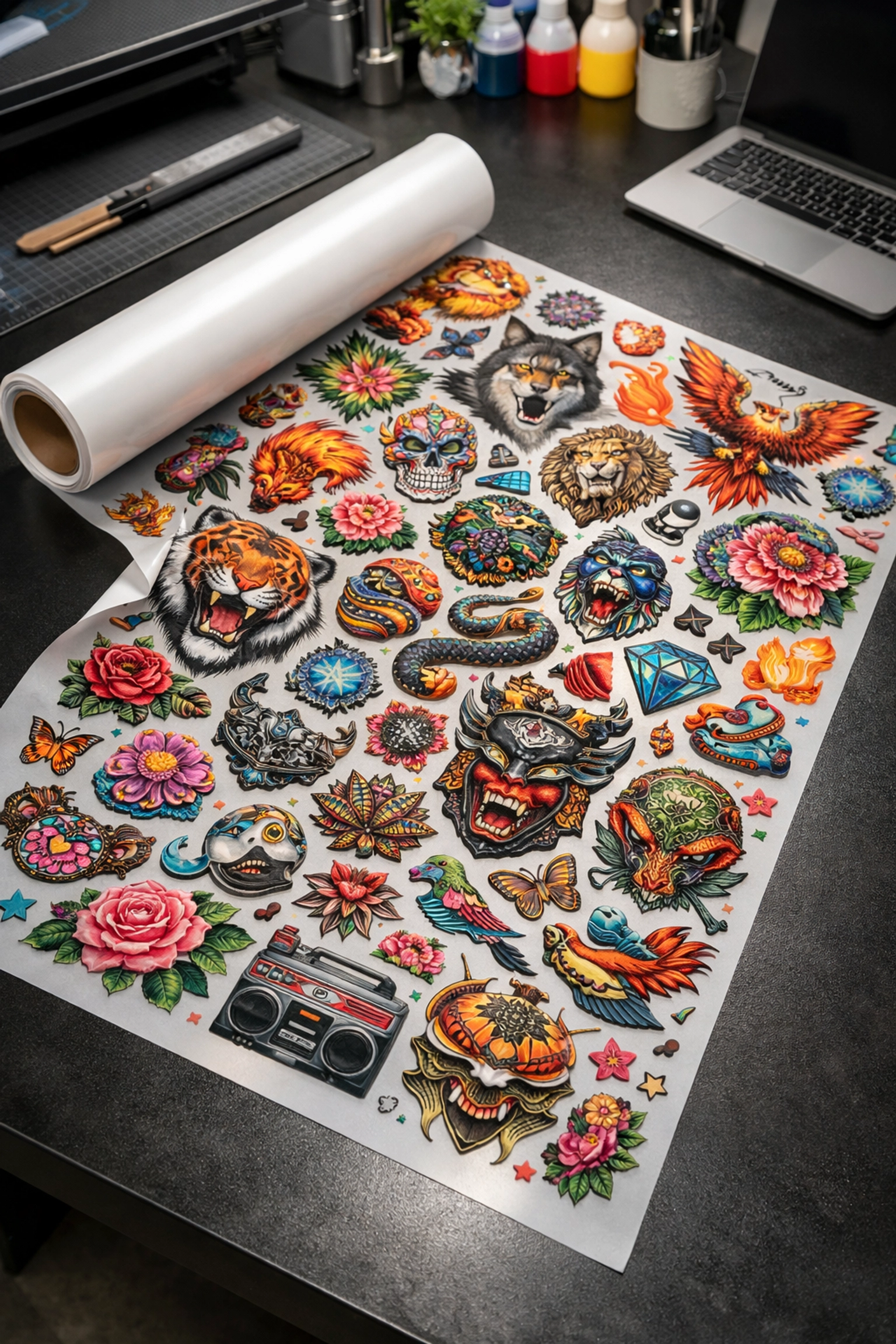 Optimized DTF gang sheet with vibrant graphics printed on translucent film to maximize space and savings.