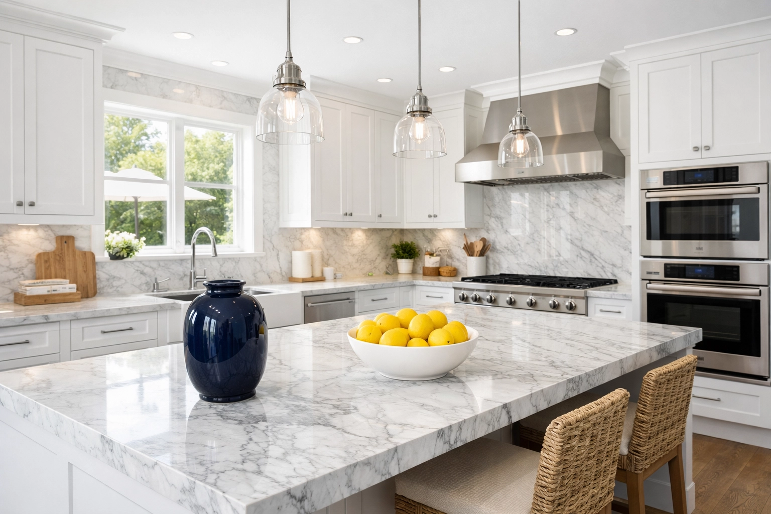 A bright, modern kitchen after a professional weekly house cleaning service.