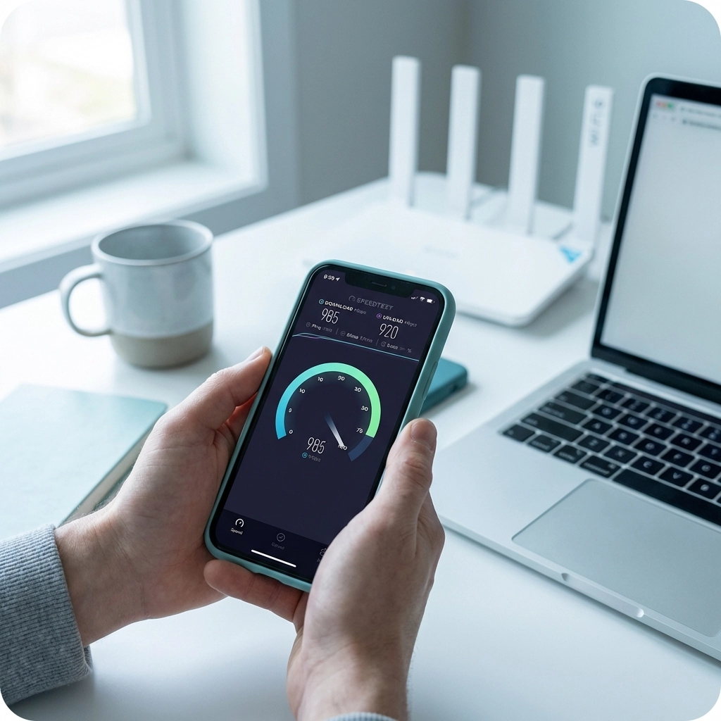 Person running a WiFi speed test on smartphone at home office desk, troubleshooting slow internet connection