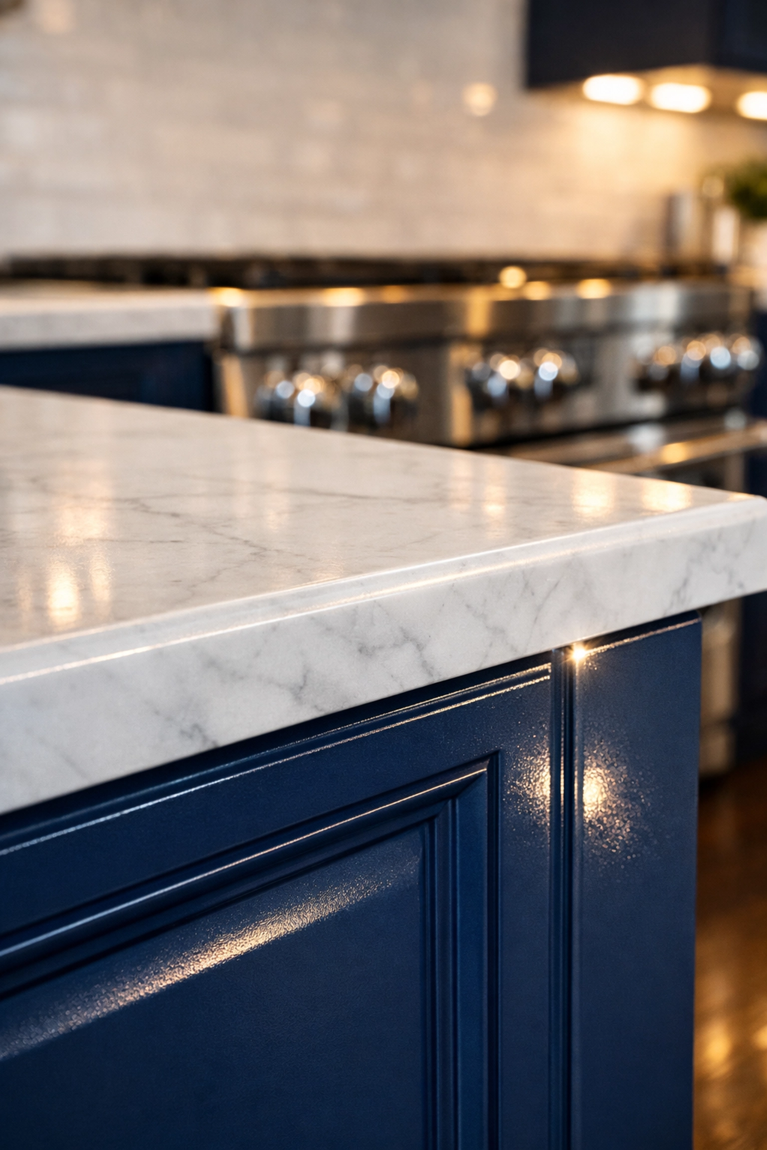 Detailed deep cleaning of a Bolton kitchen featuring dust-free marble countertops and polished cabinets.