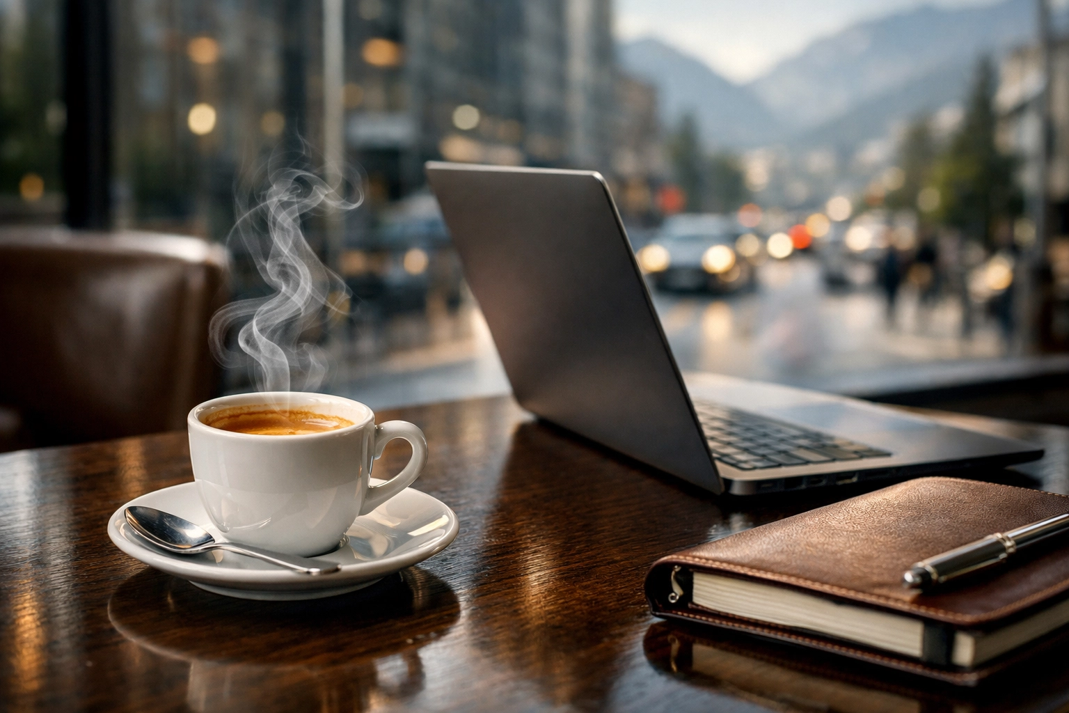 Executive lounge with coffee and laptop, representing efficient global time management and business productivity.