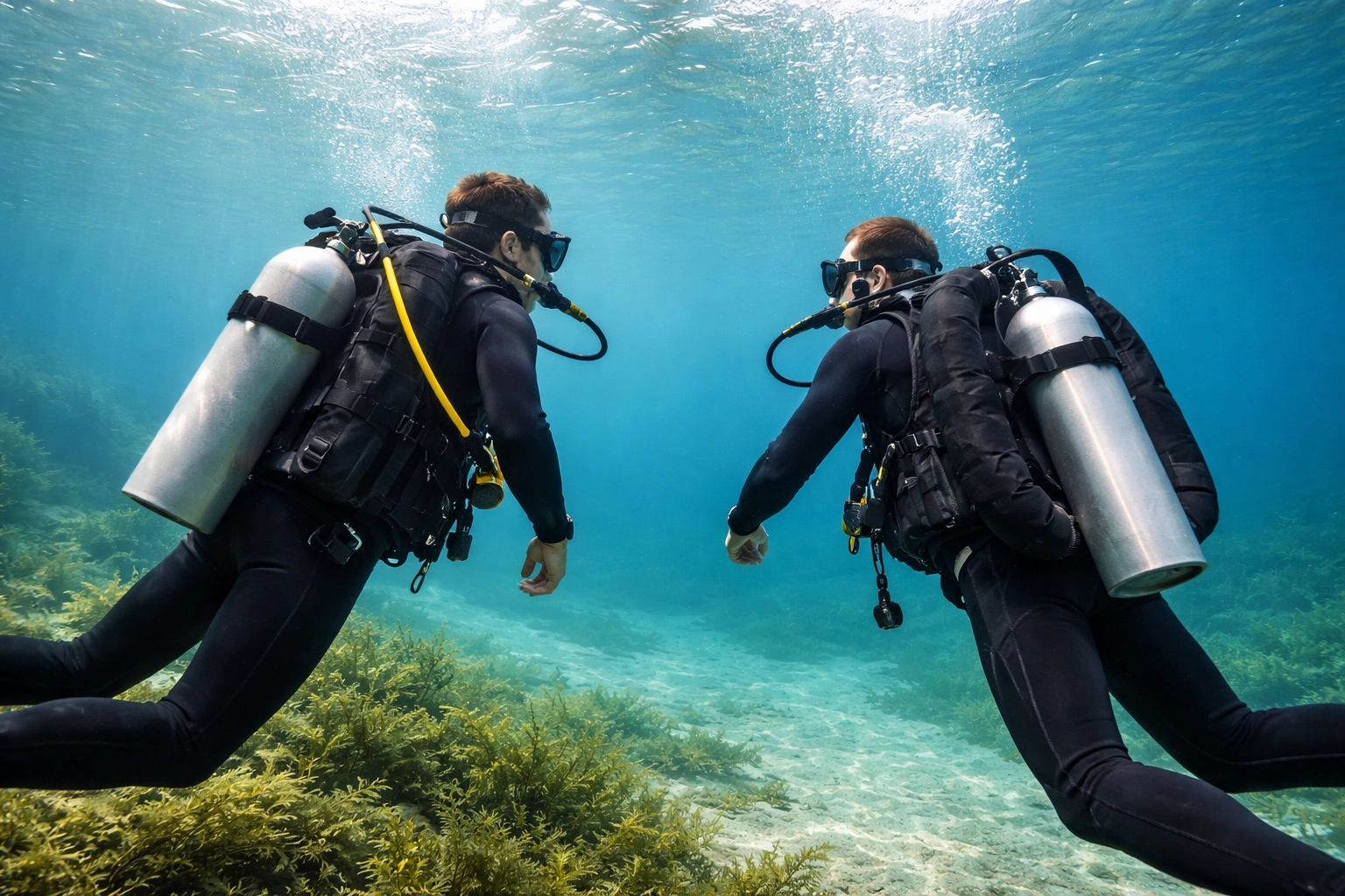 Zwei Taucher im direkten Vergleich: einer mit Jacket, einer mit Wing, tauchen im klaren Süßwassersee
