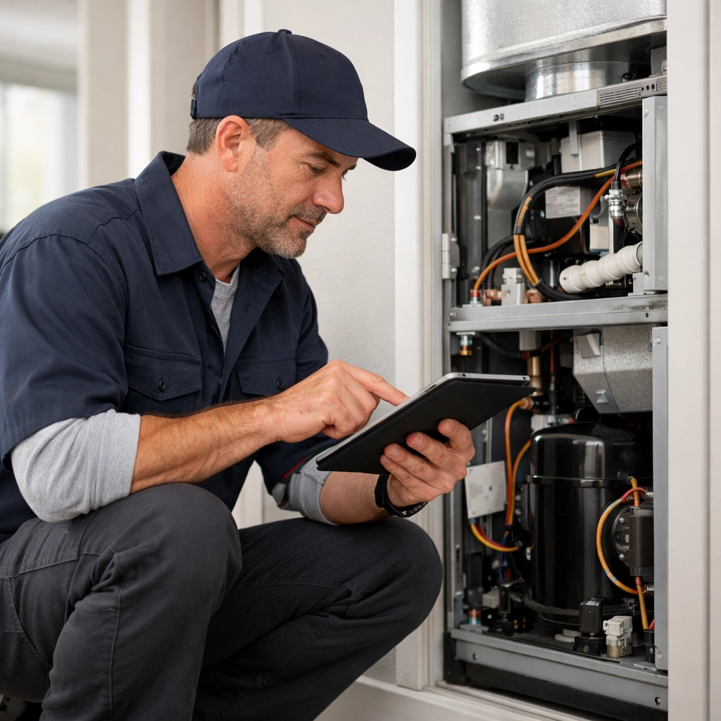 Maintenance technician performing preventive HVAC inspection to reduce apartment turnover time