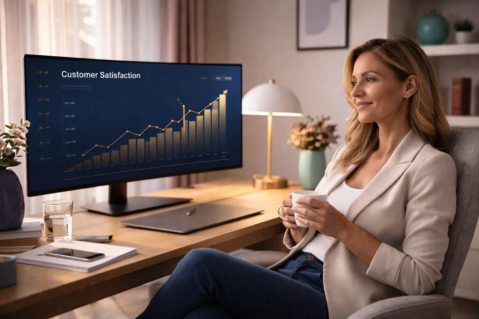 Business owner reviewing customer satisfaction analytics from CRM integrated AI support dashboard Business owner reviewing customer satisfaction analytics from CRM integrated AI support dashboard