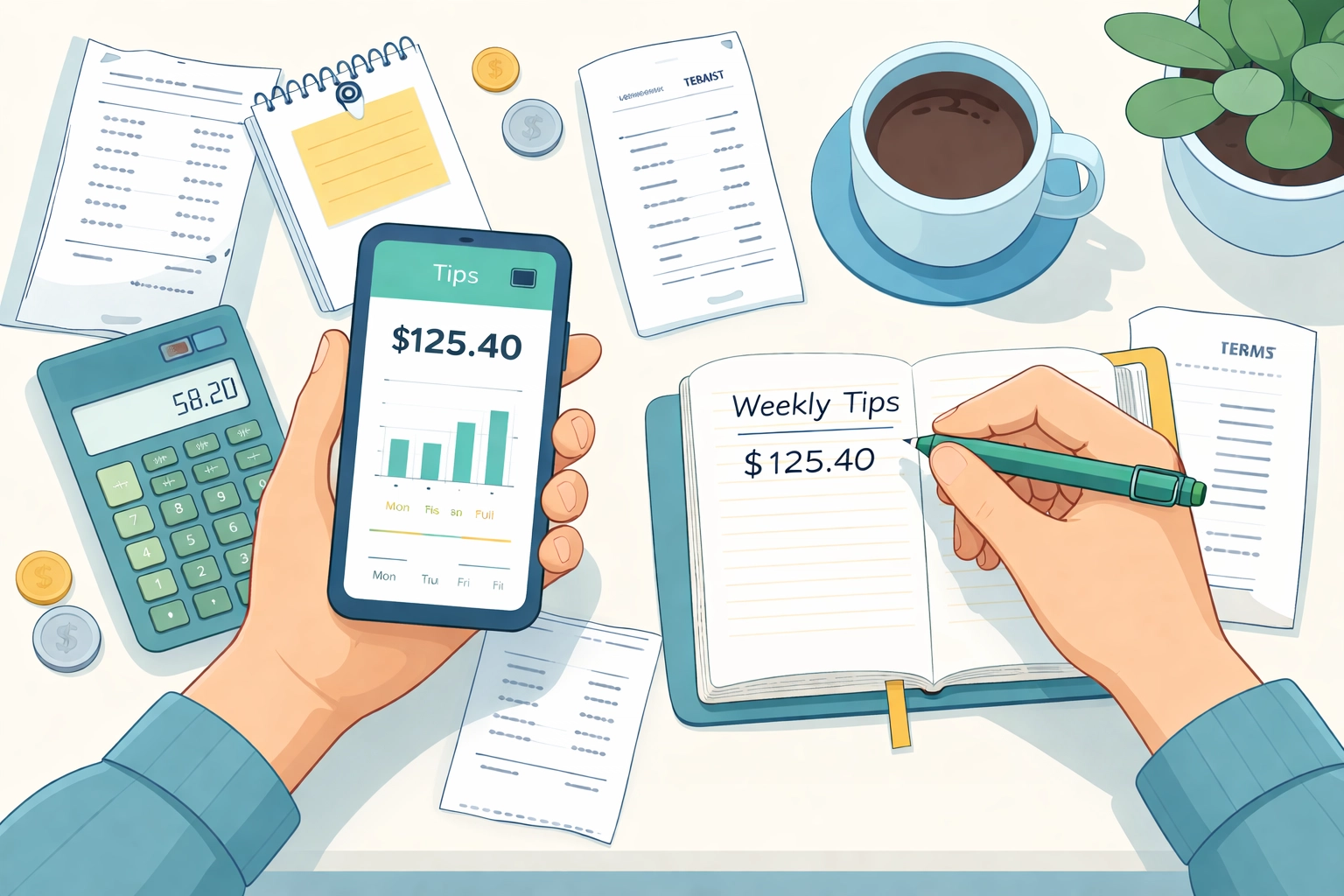 Hands organizing tip records and using a smartphone to track tips, representing recordkeeping for New Haven workers