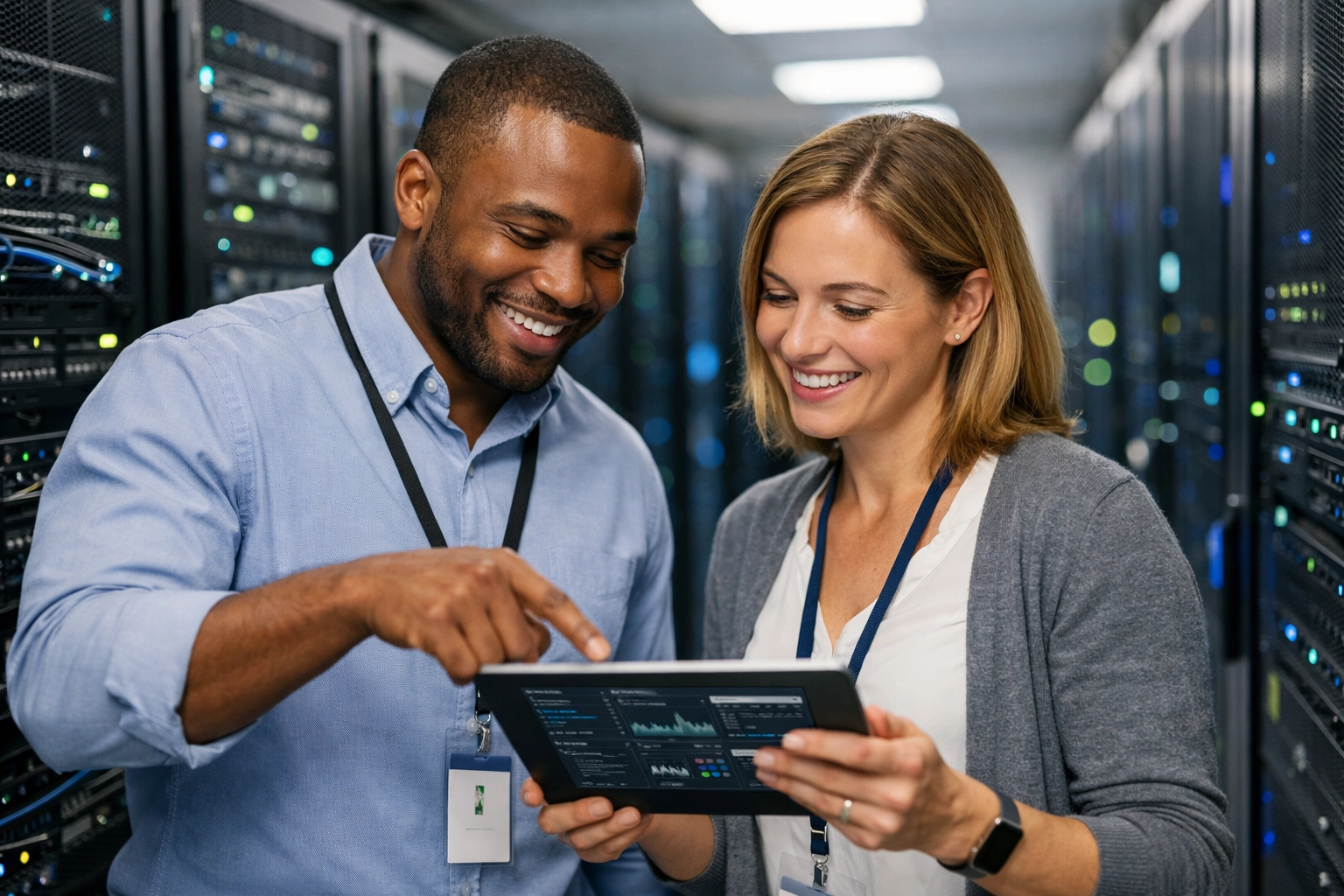 IT professionals monitoring managed service provider systems in modern server room