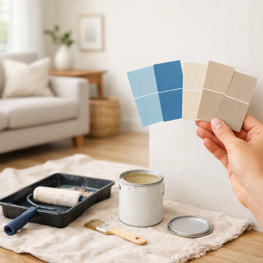 Staged living room with coastal blue paint swatches to prep a Bucks County home for sale
