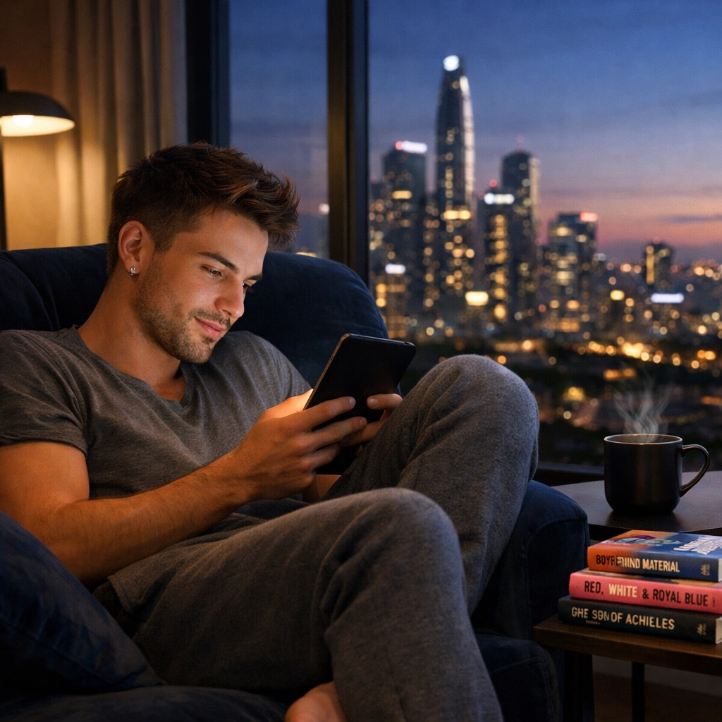 Gay man reading queer fiction on an e-reader to inspire creativity and personal development.