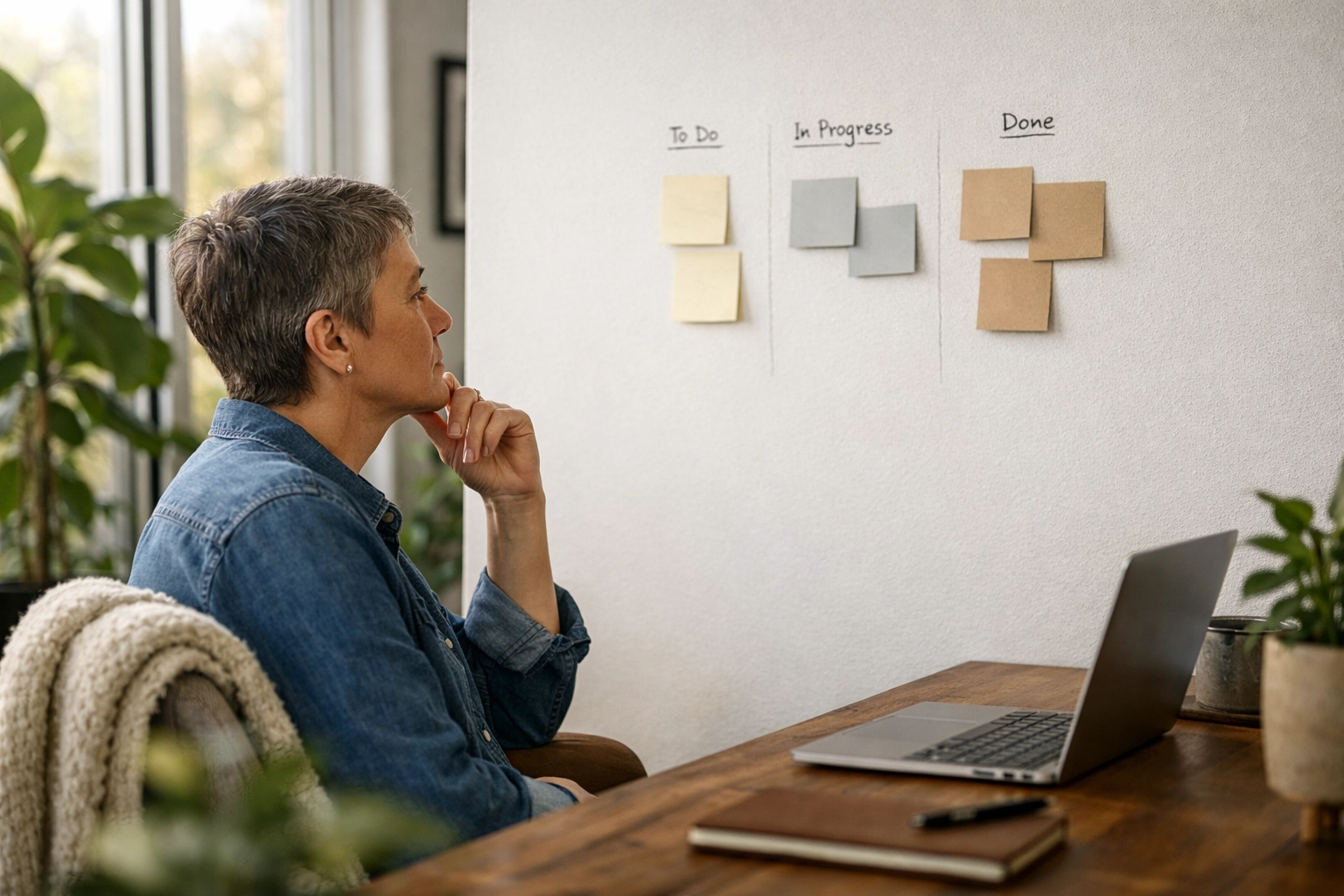 Solo founder using a Kanban board to improve business systems and maintain a lean operation.