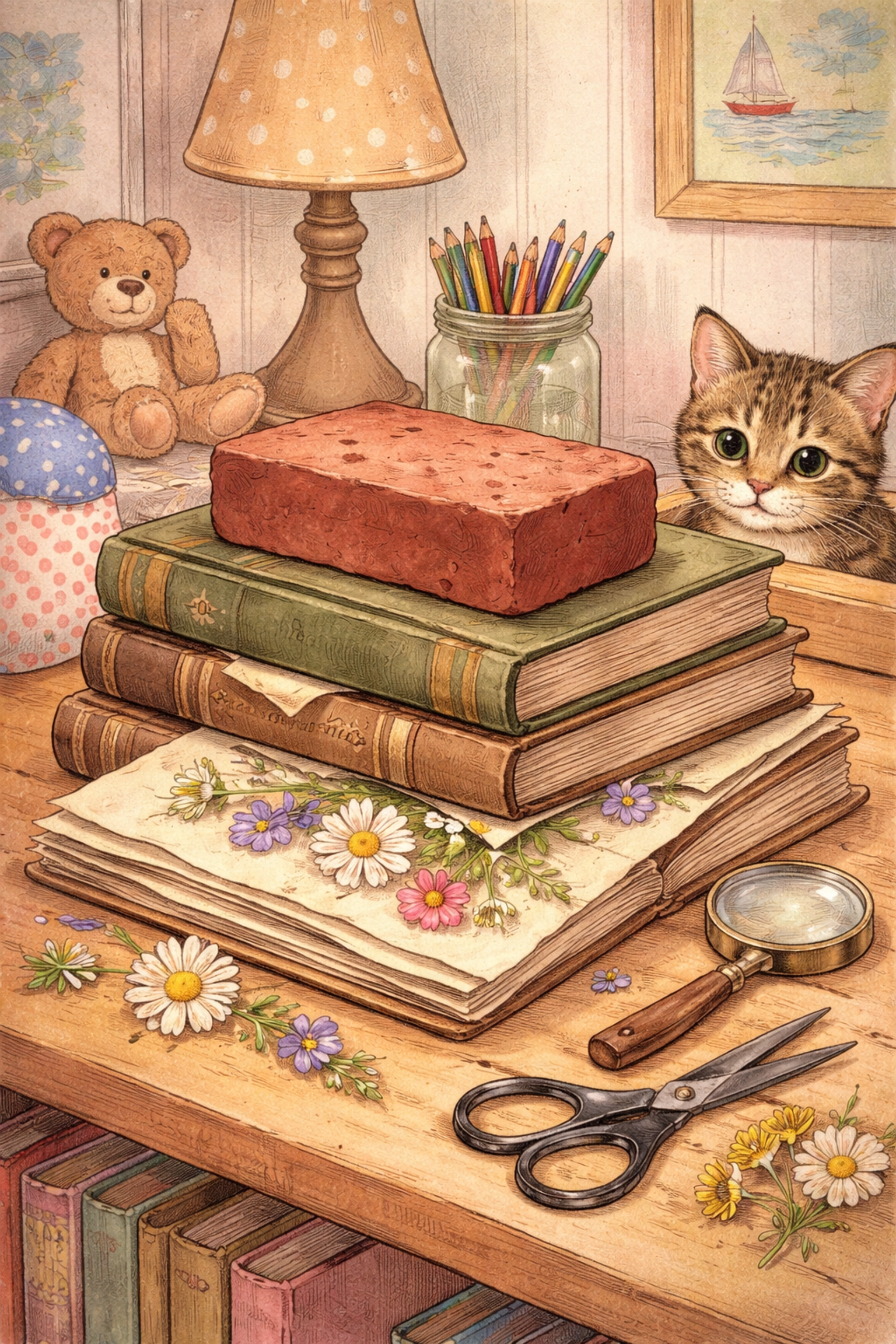 Stack of vintage books and a brick pressing flowers on a shelf, teaching kids nature art and patience