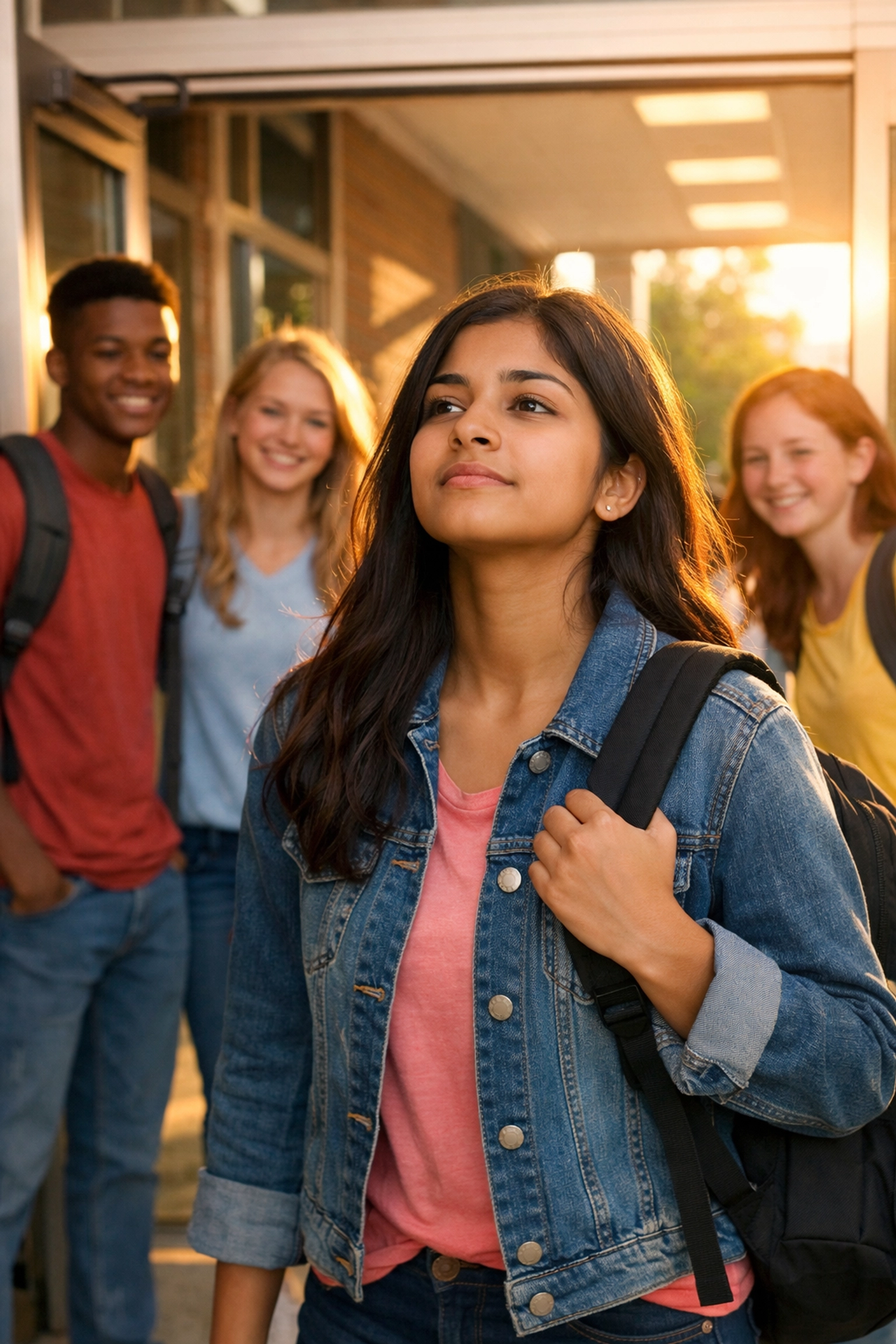 Anxious teen facing school entrance with supportive friends encouraging her