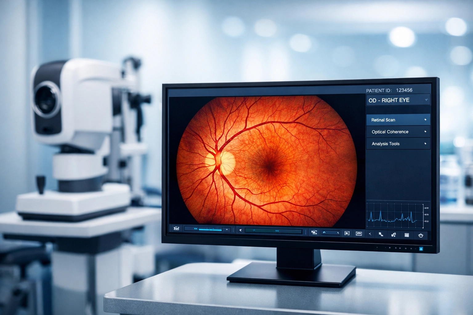 Modern optometry diagnostic suite showing a retinal scan, reflecting specialized clinical expertise.
