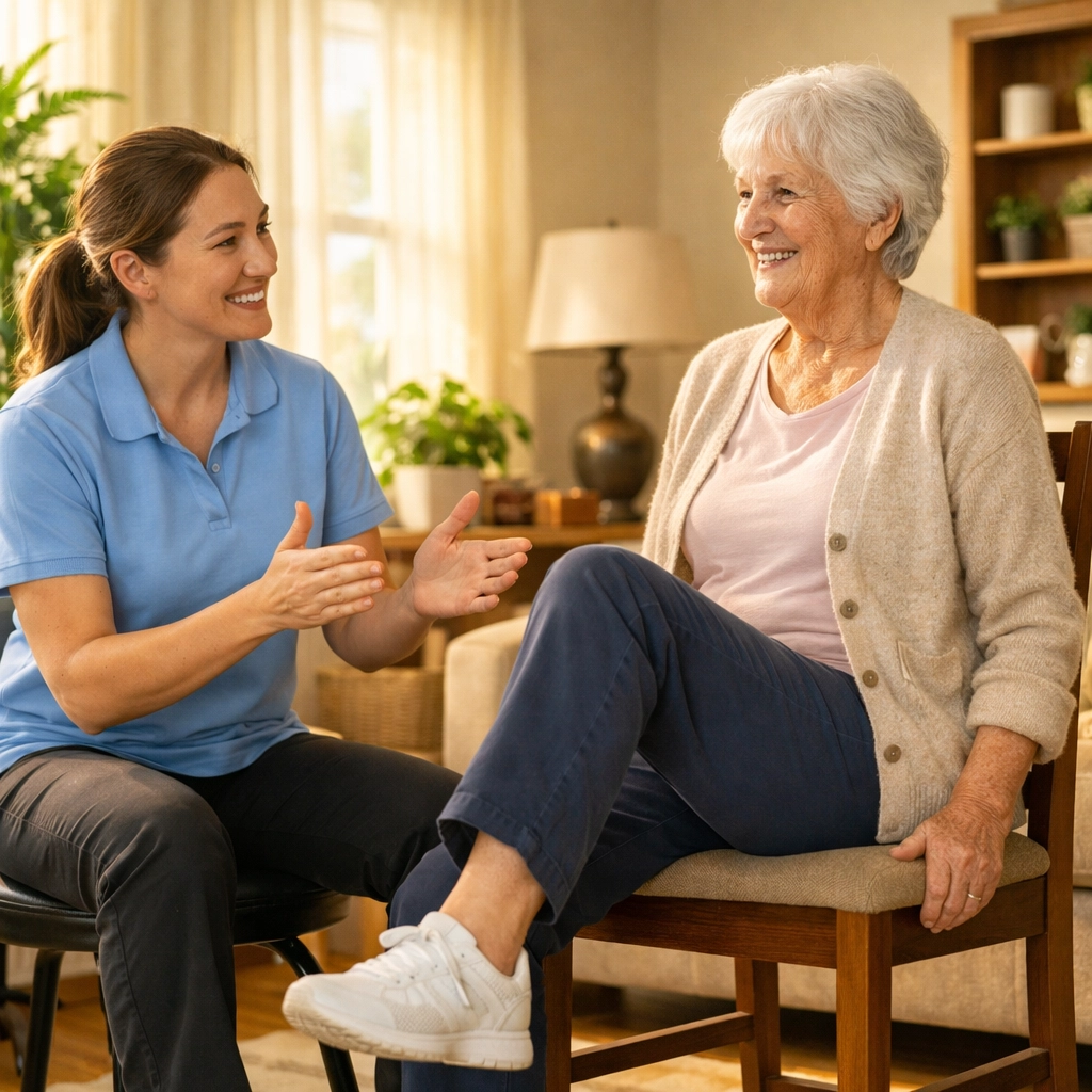 Senior performing seated balance exercises with a physical therapist to maintain mobility and prevent falls.