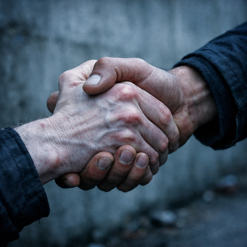 Two men holding hands tightly for support, symbolizing hope and recovery within the LGBTQ+ community.