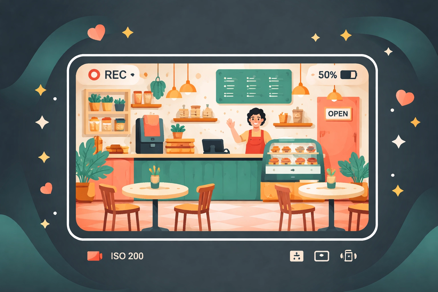 Cheerful illustration of a small business interior, highlighting the impact of photos and reviews on Google Maps.