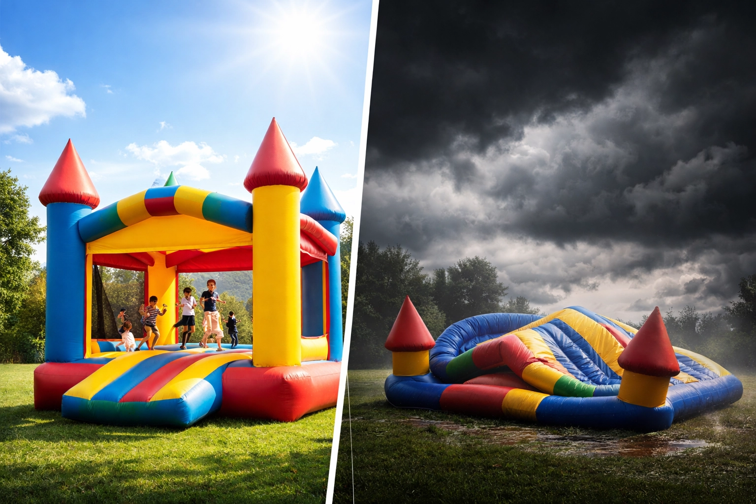 Sunny and stormy weather conditions shown side by side highlighting when bounce house use is safe or dangerous.